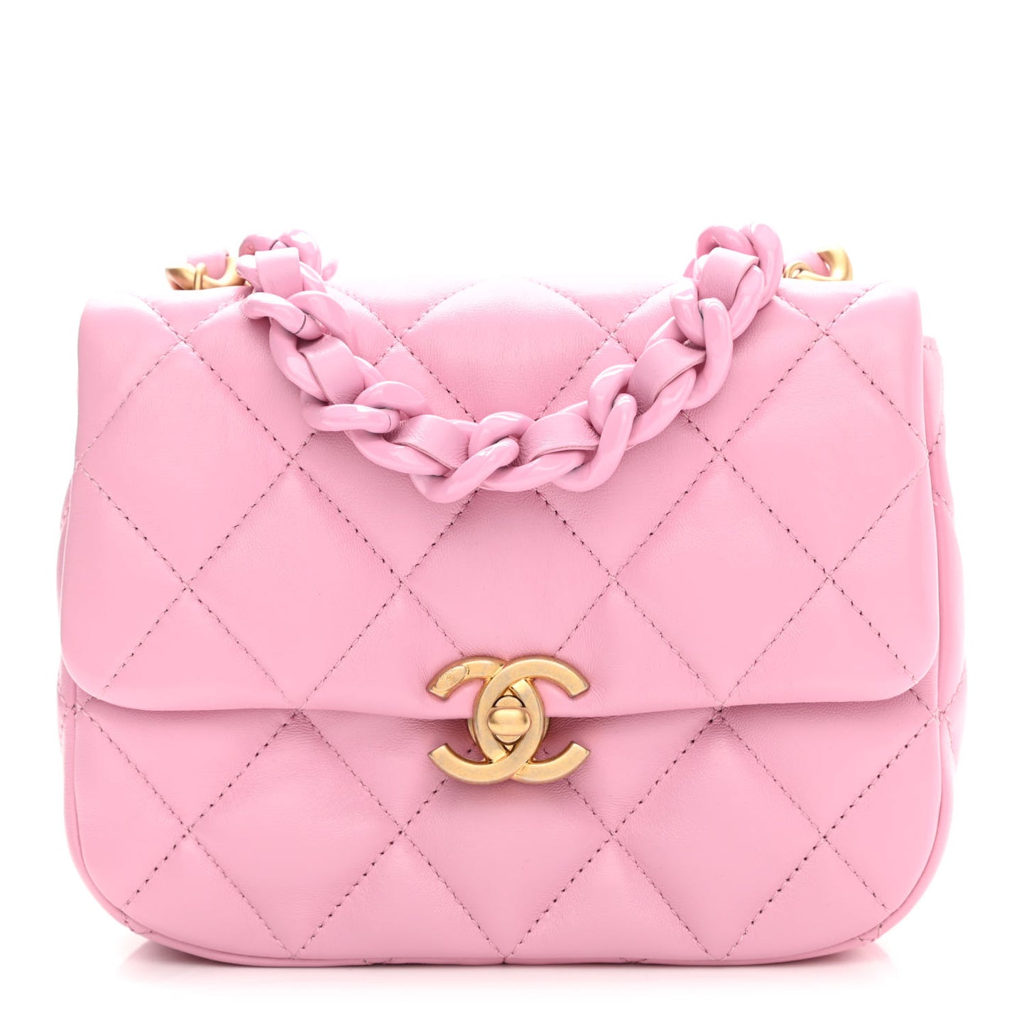 Lambskin Quilted Mini Lacquered Chain Flap Pink