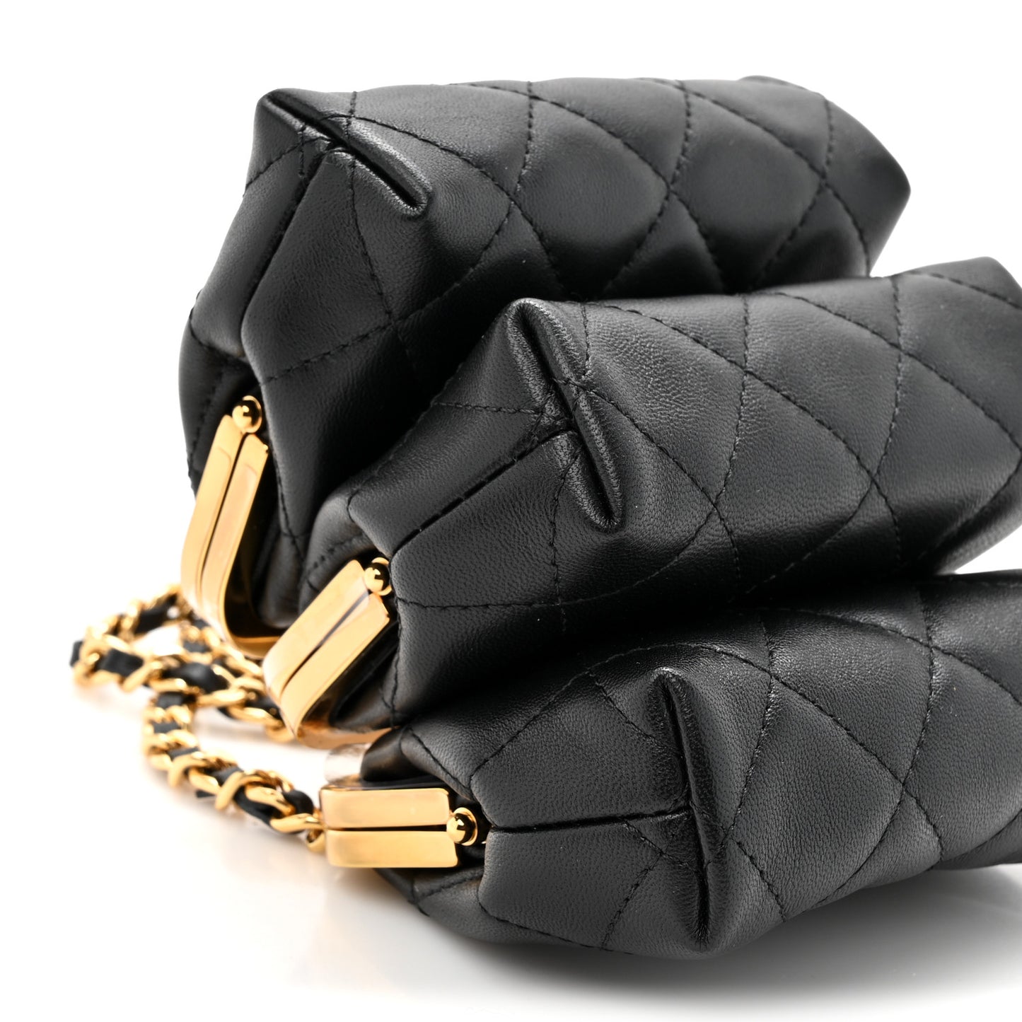 Lambskin Quilted Trio Kiss Lock Clutch With Chain Black