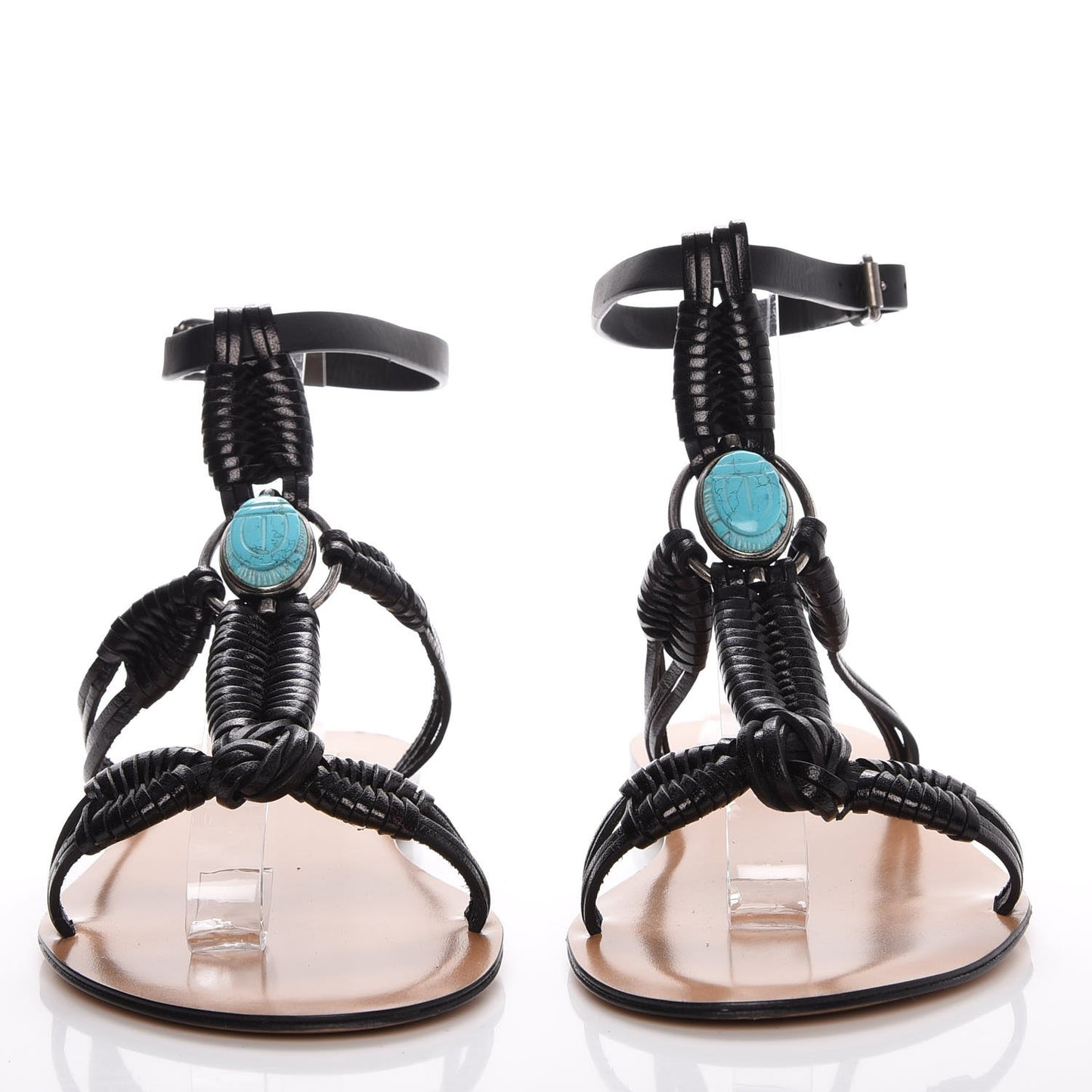 Calfskin Turquoise Braided Scarab Ankle Wrap Flat Sandals 38 Black