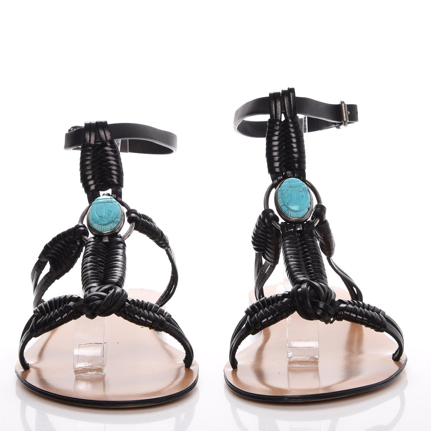 Valentino Garavani Calfskin Turquoise Braided Scarab Ankle Wrap Flat Sandals 38 Black 2 of 7