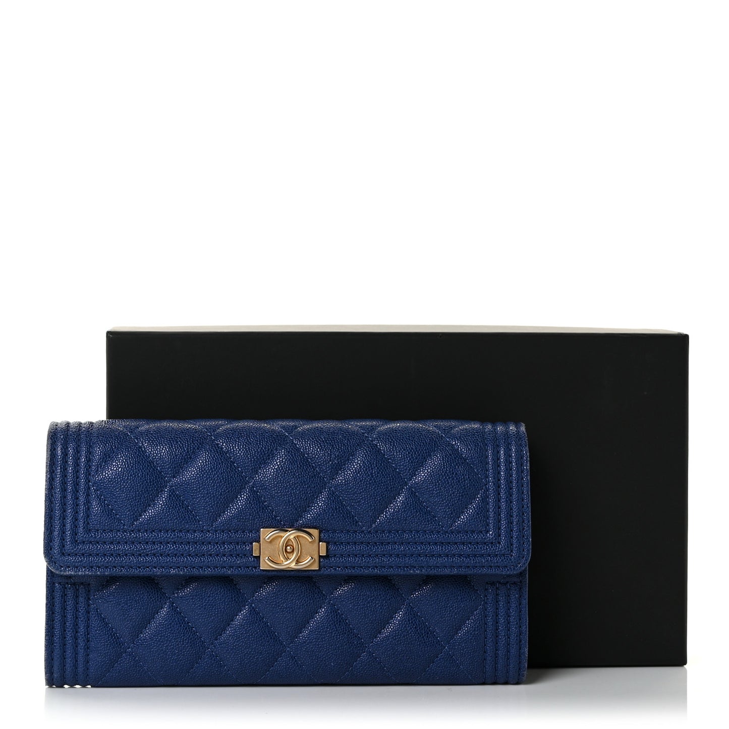 Caviar Quilted Large Boy Gusset Flap Wallet Blue