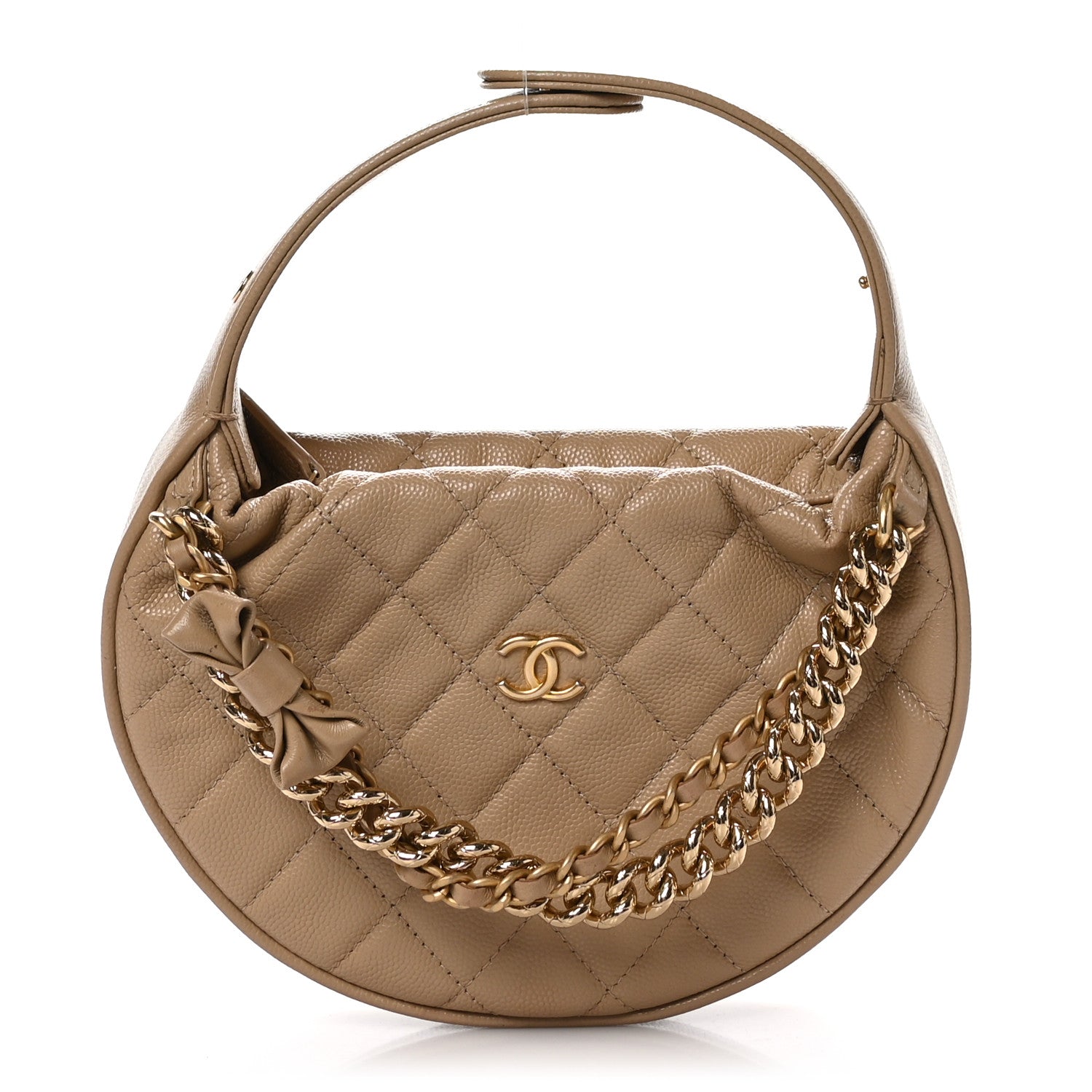 Chanel Shiny Caviar Quilted Bow Pouch Hobo Dark Beige 1 of 12