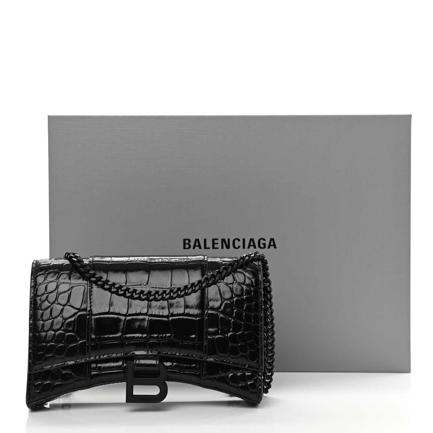 Shiny Calfskin Monochrome Crocodile Embossed Hourglass Chain Bag Black