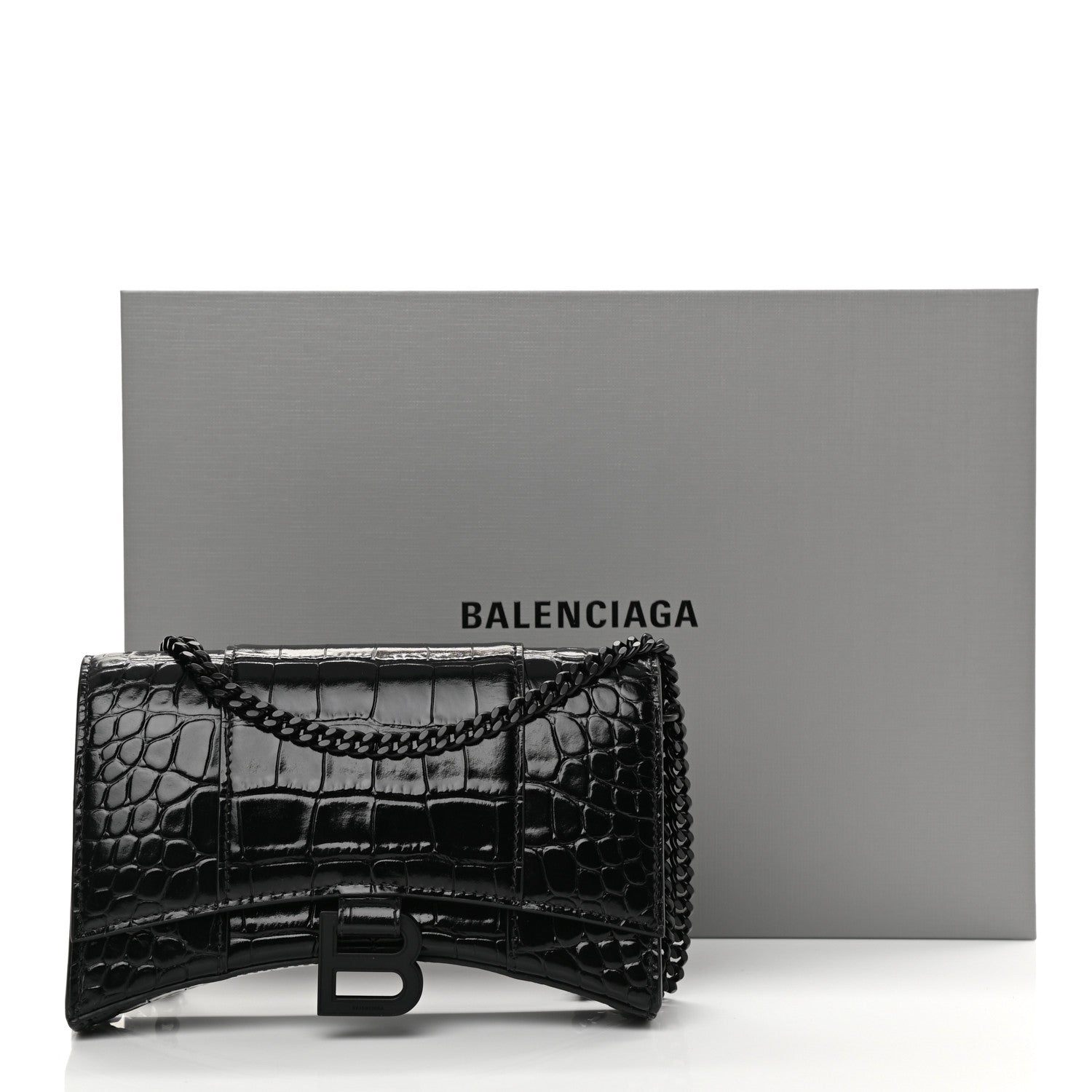 Balenciaga Shiny Calfskin Monochrome Crocodile Embossed Hourglass Chain Bag Black 15 of 15