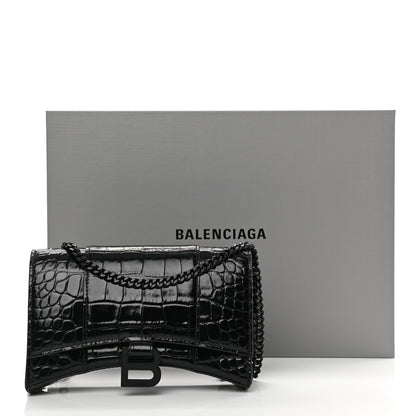 Balenciaga Shiny Calfskin Monochrome Crocodile Embossed Hourglass Chain Bag Black 15 of 15