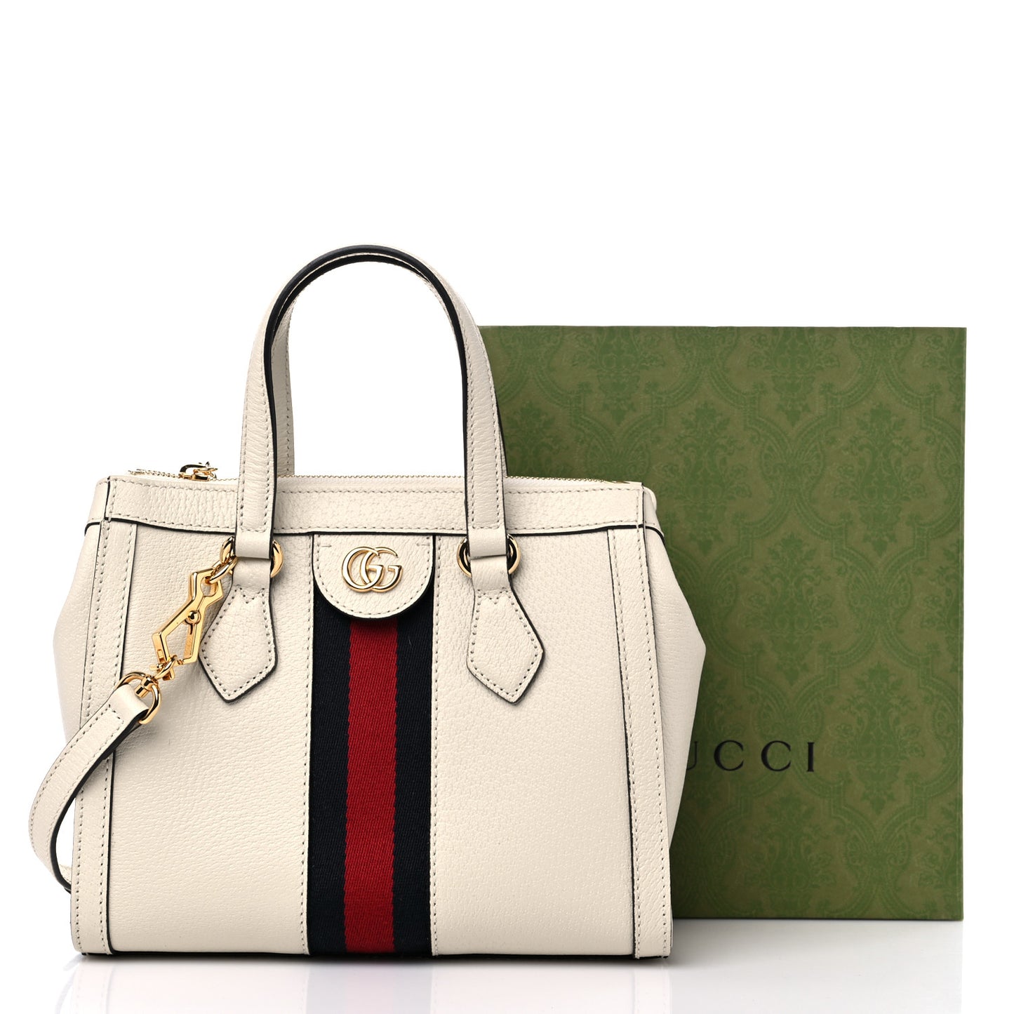 Textured Calfskin Web Small Ophidia Tote Bag Mystic White