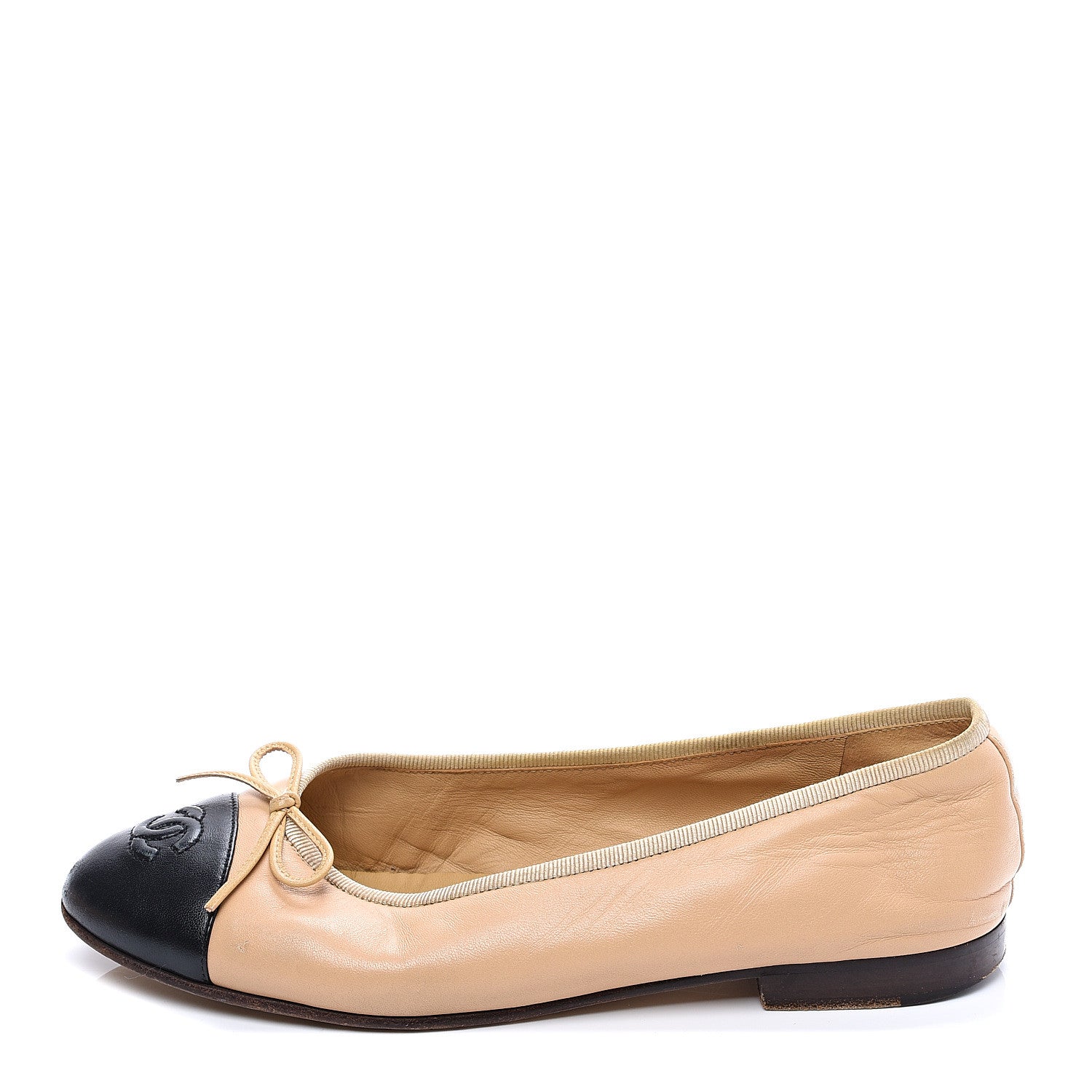 Chanel Lambskin Cap Toe CC Ballerina Flats 37.5 Beige Black 1 of 10