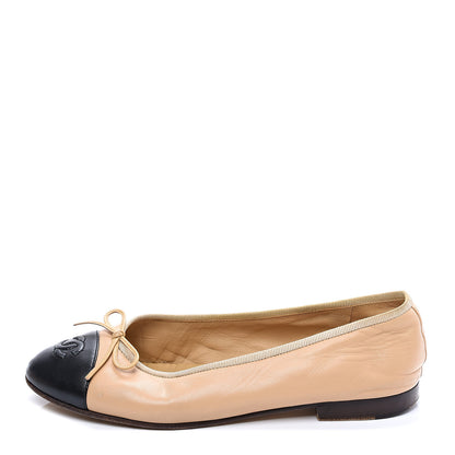 Chanel Lambskin Cap Toe CC Ballerina Flats 37.5 Beige Black 1 of 10