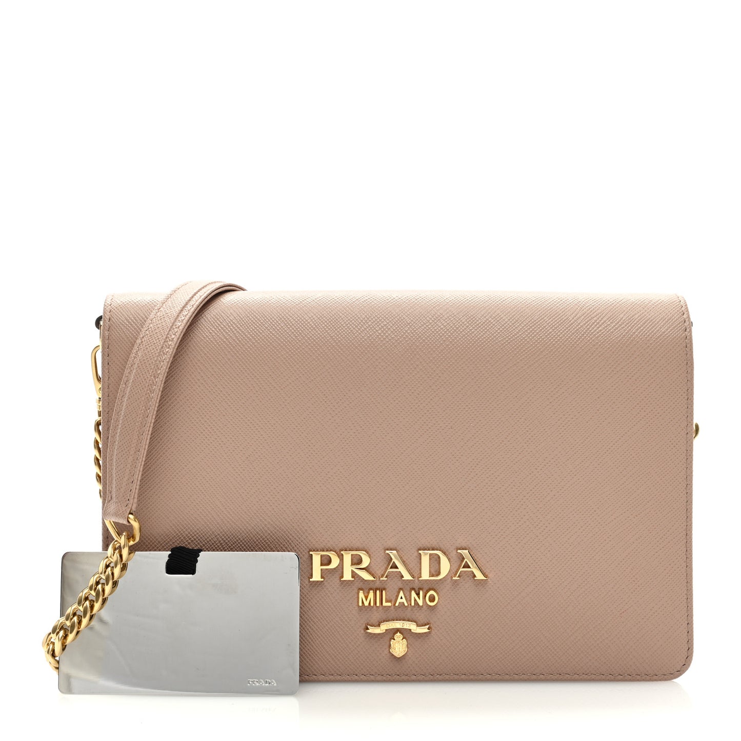 Saffiano Lux Metal Logo Mini Flap Chain Shoulder Bag Cammeo