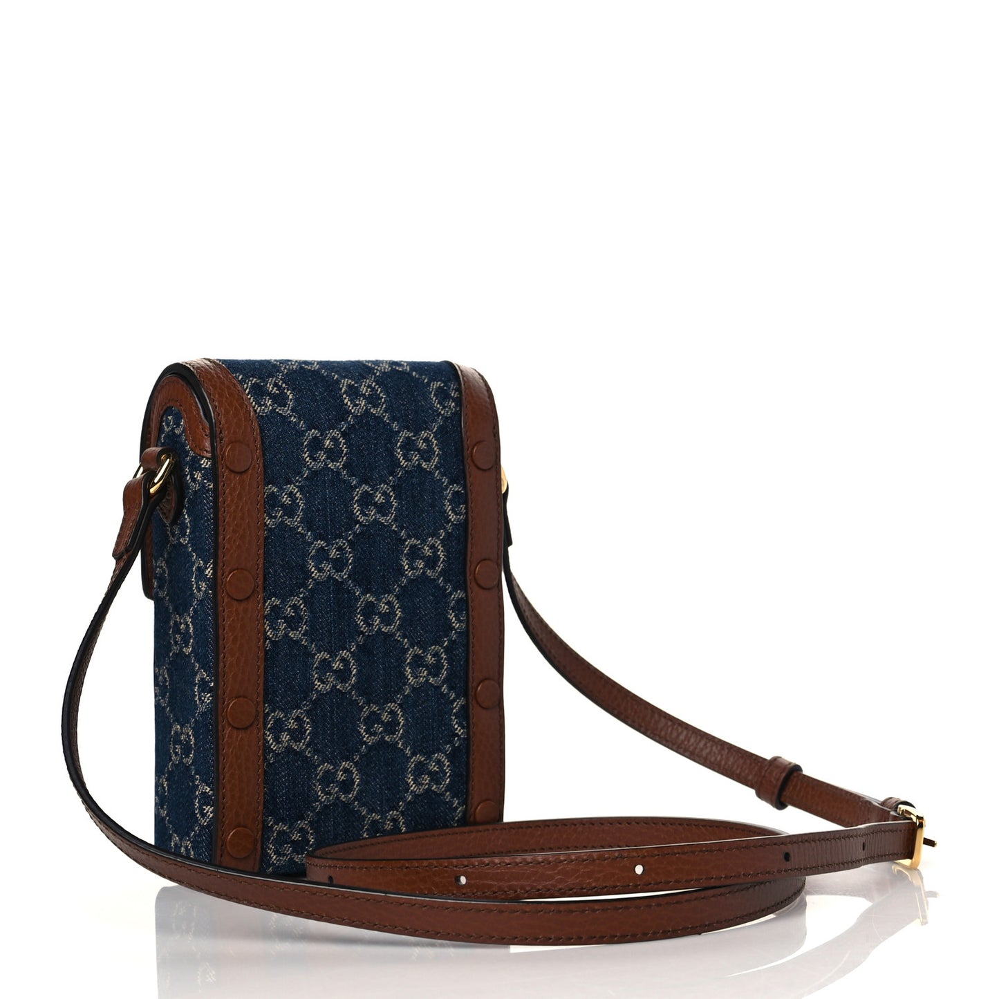 New Denim GG Monogram Dollar Calfskin Mini Horsebit 1955 Crossbody Bag Blue Tea Cuir Epilog