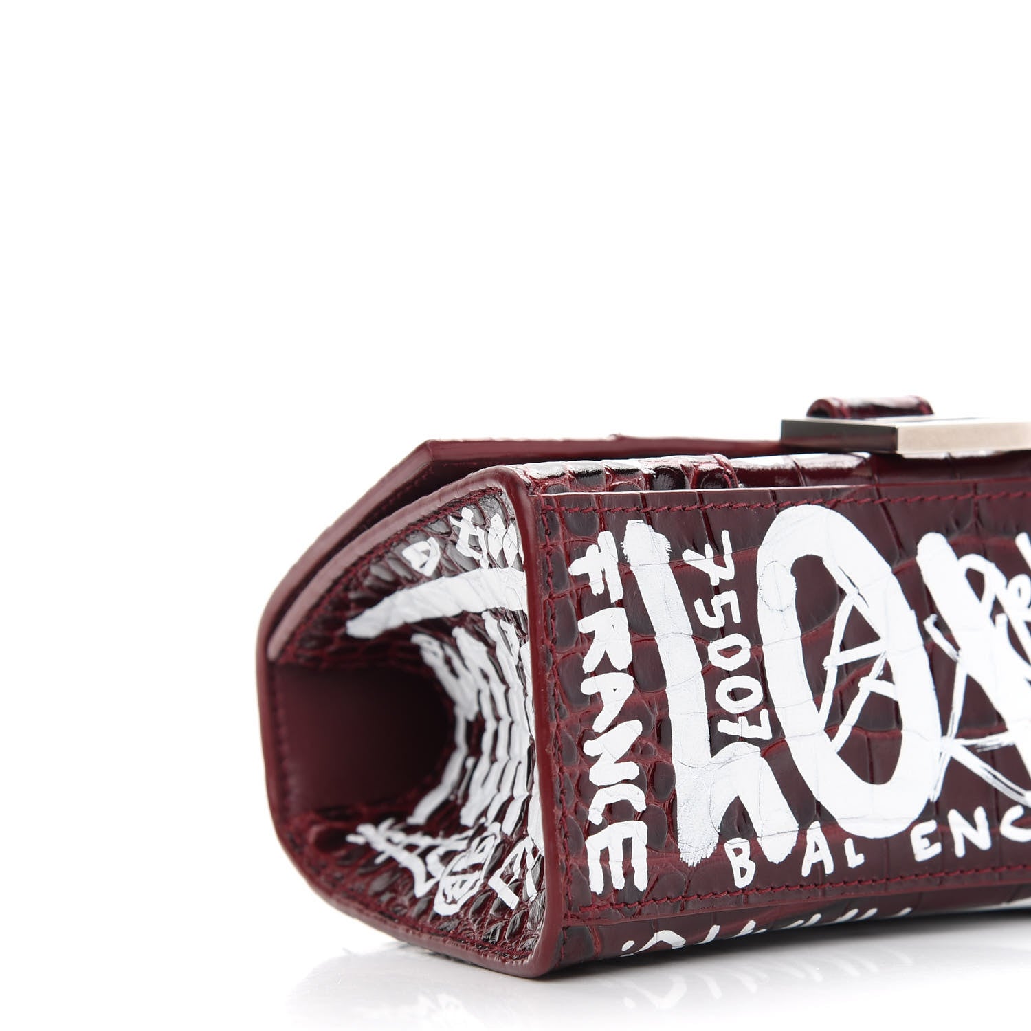 Balenciaga Calfskin Graffiti Crocodile Embossed Hourglass Top Handle Bag XS Dark Red White 7 of 9