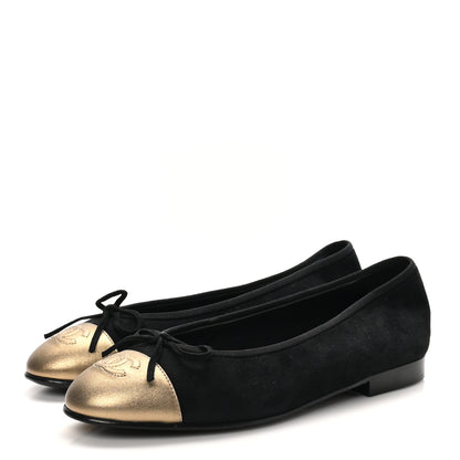 Chanel Suede Metallic Goatskin Cap Toe Ballerina Flats 38 Black Gold 4 of 10