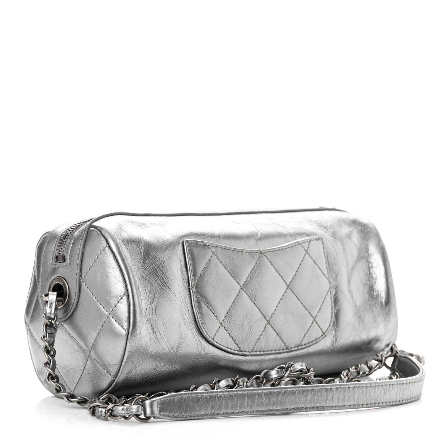 Metallic Lambskin Signe Bowling Bag Silver