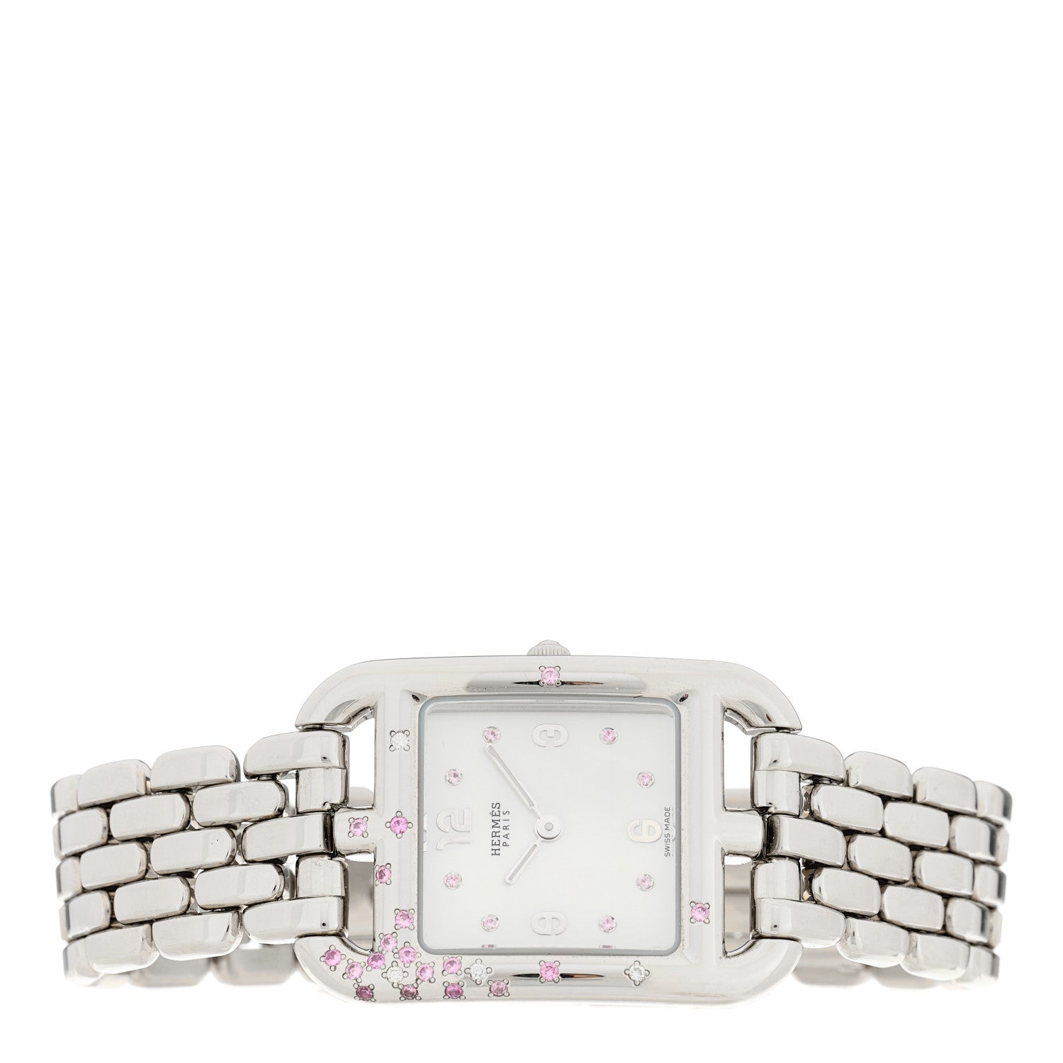 Hermes Stainless Steel Diamond Pink Sapphire Mother of Pearl 23mm Cape Cod Quartz Watch 3 of 5