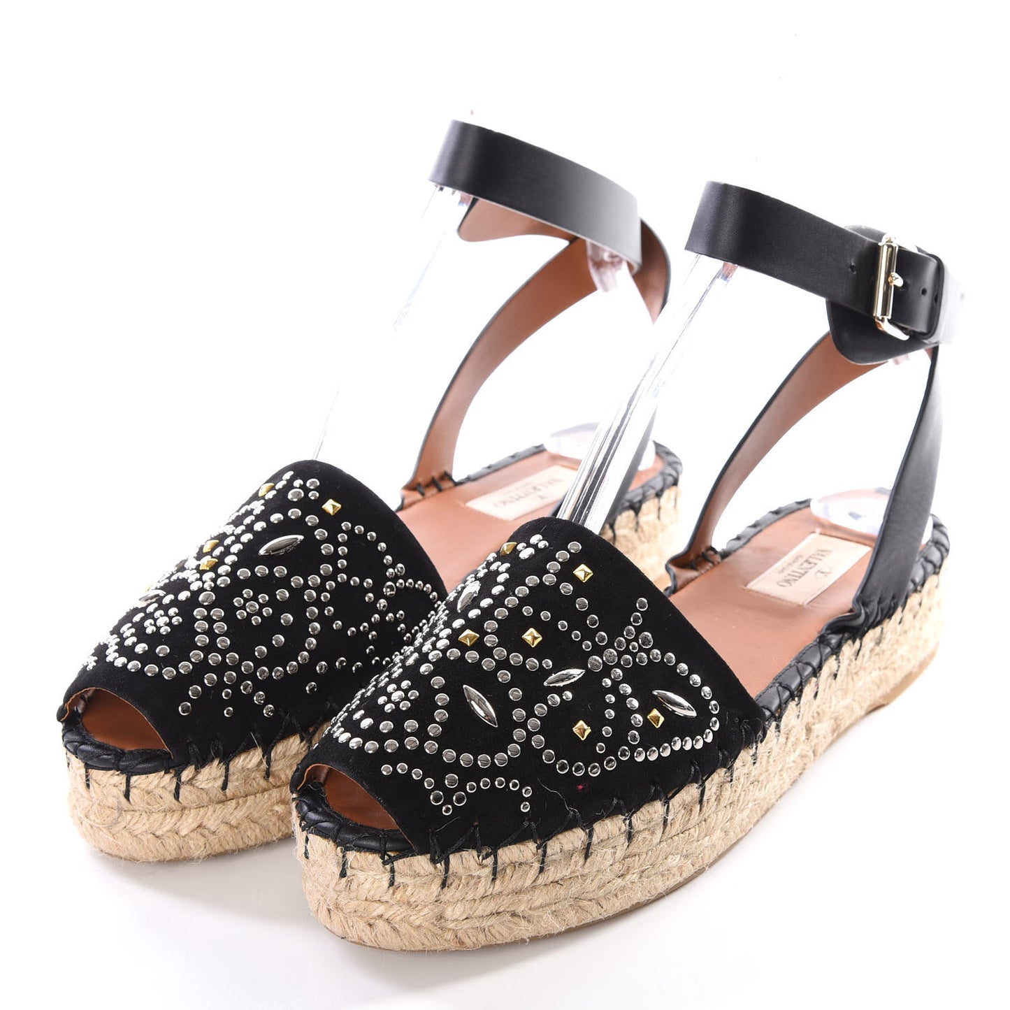 Suede Studded Peep Toe Ankle Wrap Flatform Espadrilles 38 Black