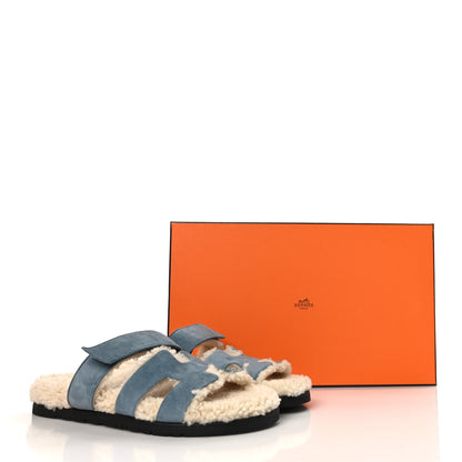 Hermes Suede Goatskin Woolskin Womens Chypre Sandals 38 Bleu Pinede Ecru 16 of 16
