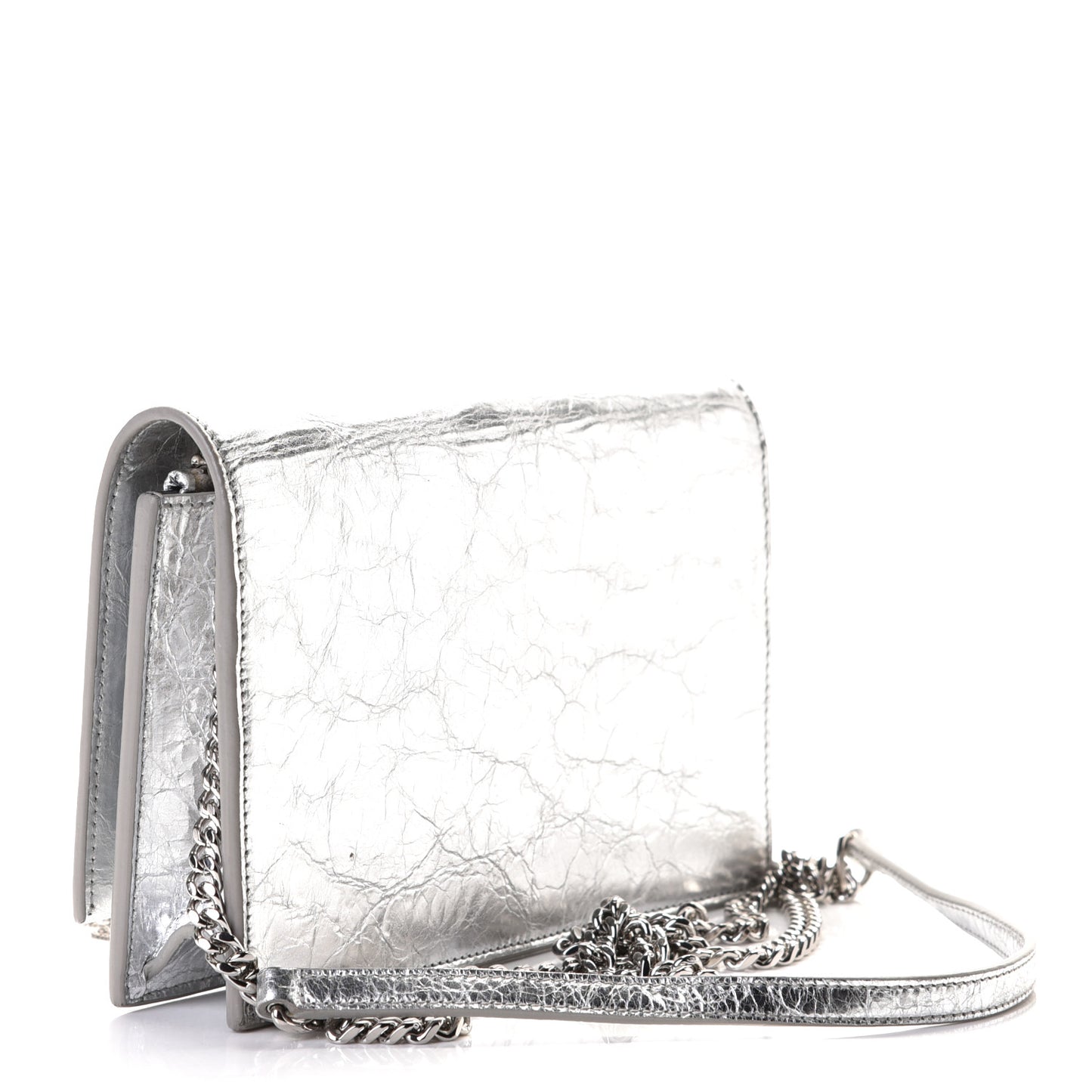 Metallic Crackled Calfskin Kate Monogram Tassel Chain Wallet Argento