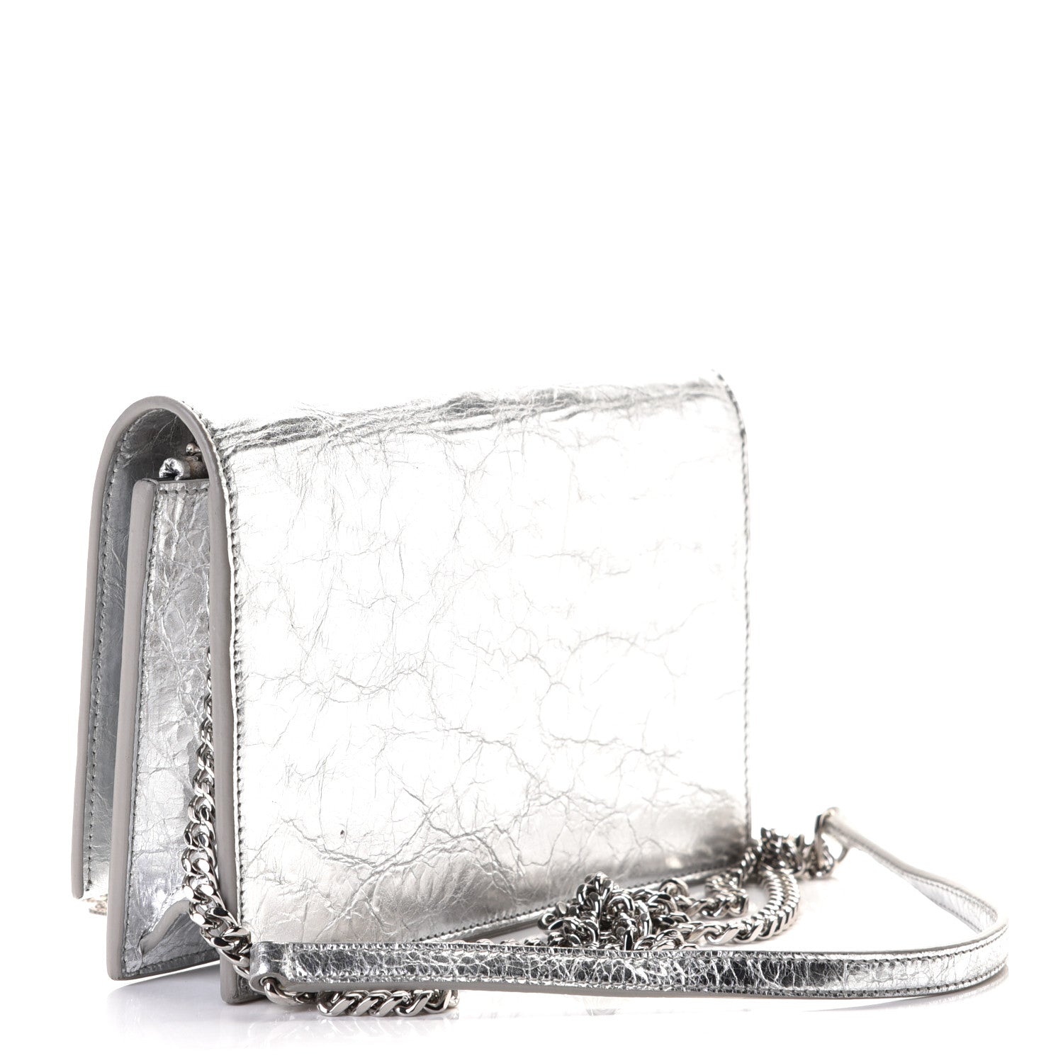 Saint Laurent Metallic Crackled Calfskin Kate Monogram Tassel Chain Wallet Argento 3 of 7