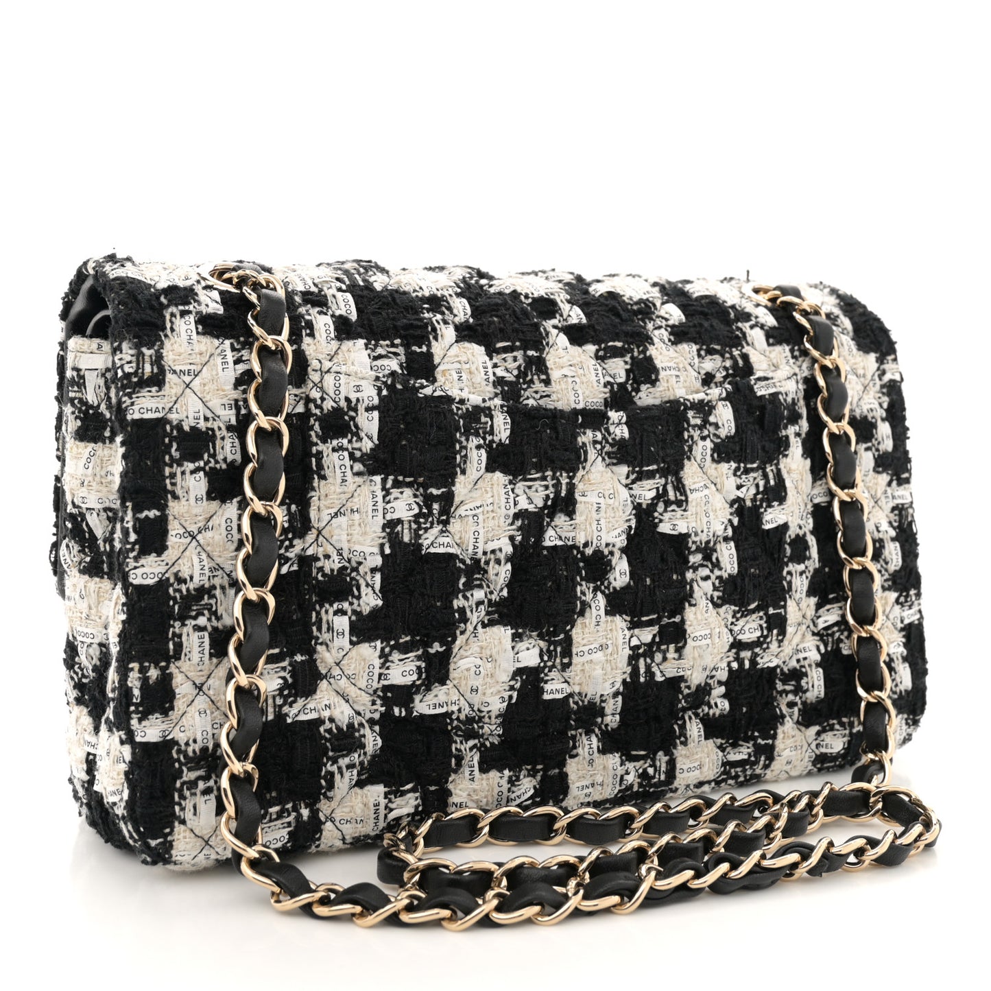 Tweed Quilted Medium Double Flap Black Ecru White