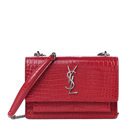 Saint Laurent Calfskin Crocodile Embossed Monogram Sunset Chain Wallet New Lipstick Red 1 of 4