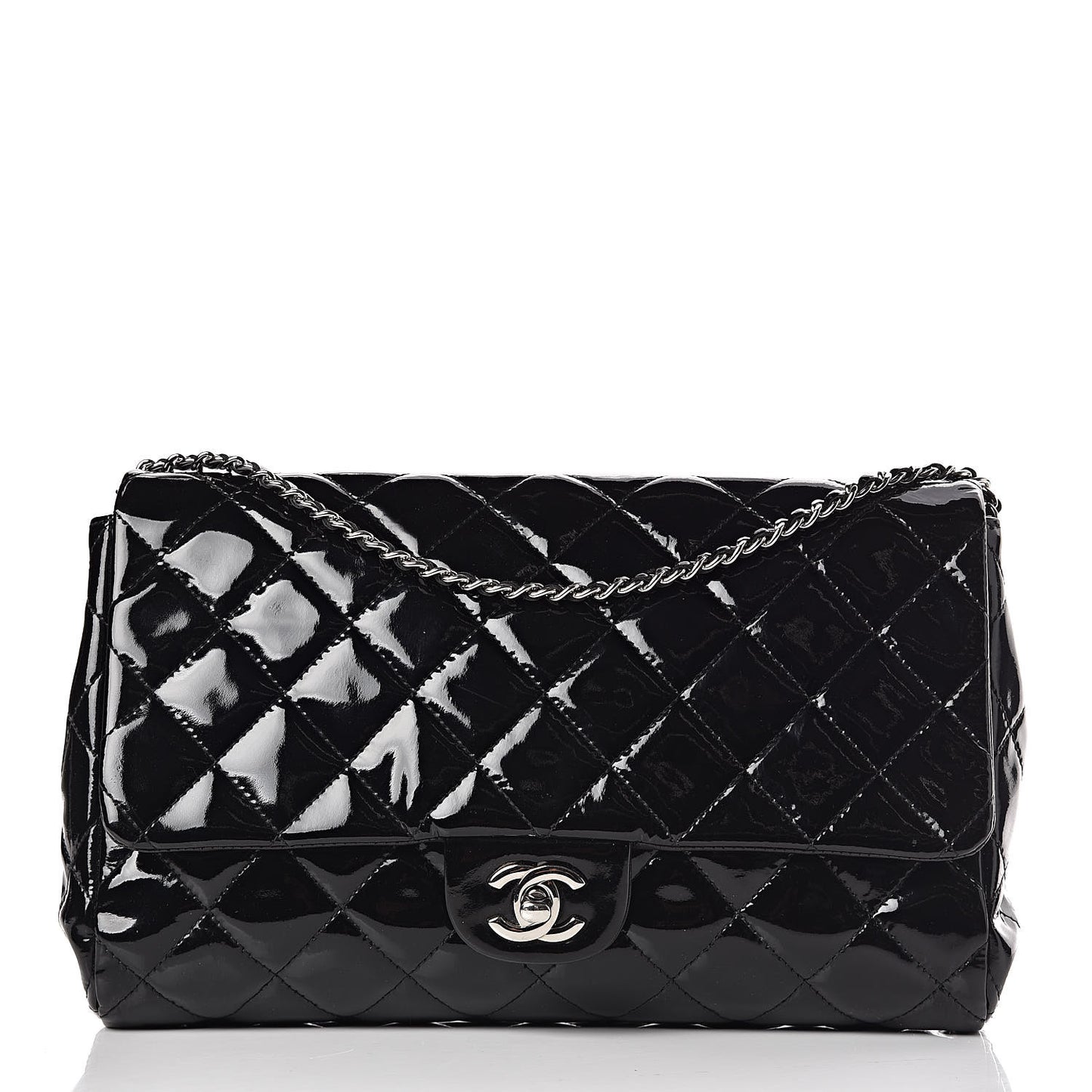Patent Quilted Clutch with Chain Flap Black