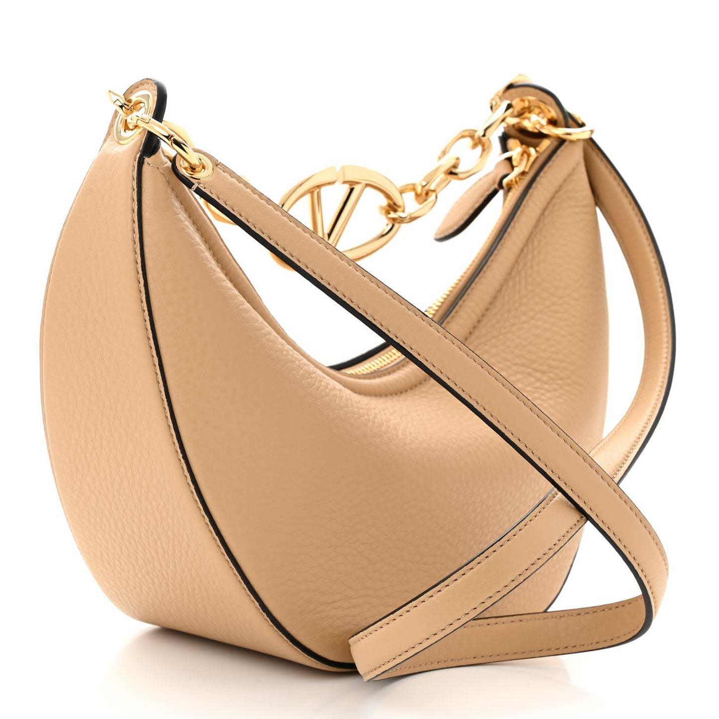 Grainy Calfskin Small Vlogo Moon Hobo Bag Cappuccino