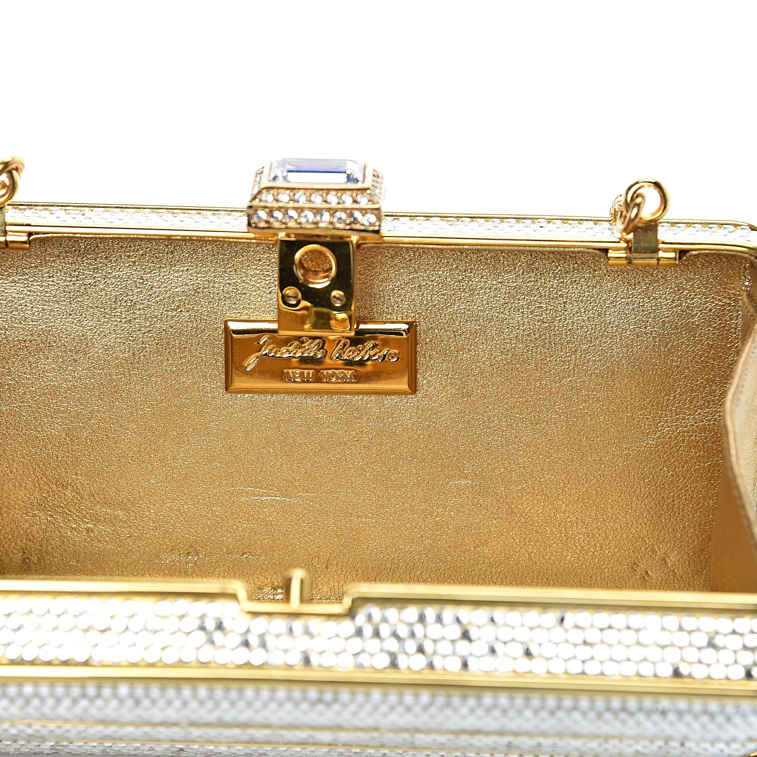 Judith Leiber Swarovski Crystal Striped Minaudiere Clutch Silver Gold 5 of 11