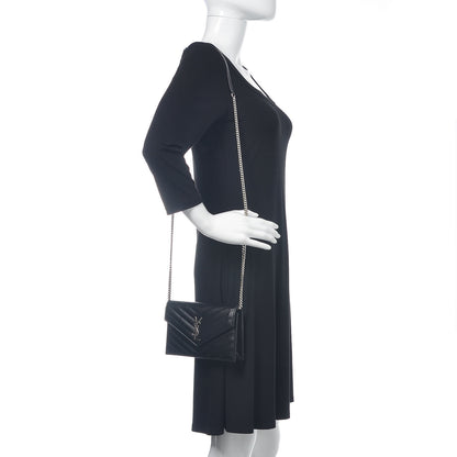 Saint Laurent Grain De Poudre Matelasse Chevron Monogram Envelope Chain Wallet Black 2 of 10