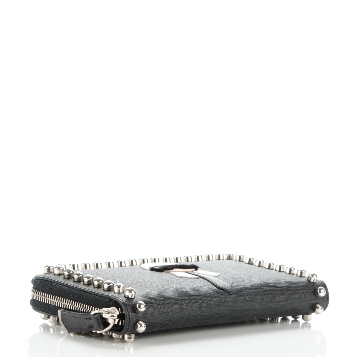 Vitello Elite Mink Fur Studded Karlito Zip Around Wallet Black