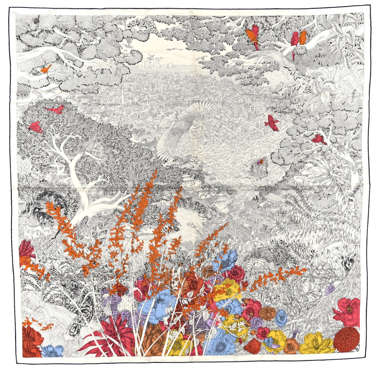 Hermes Cashmere Silk Retour a la Nature Shawl 140 White Black Multicolor 1 of 4