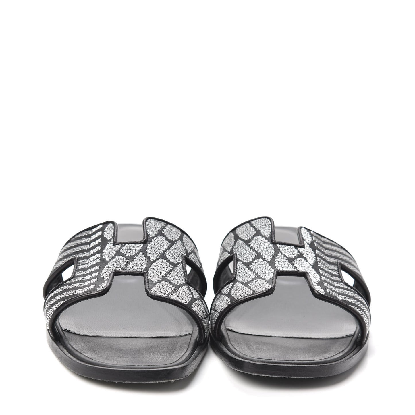 Calfskin Embroidered Oran Sandals 38 Black Gris Argente