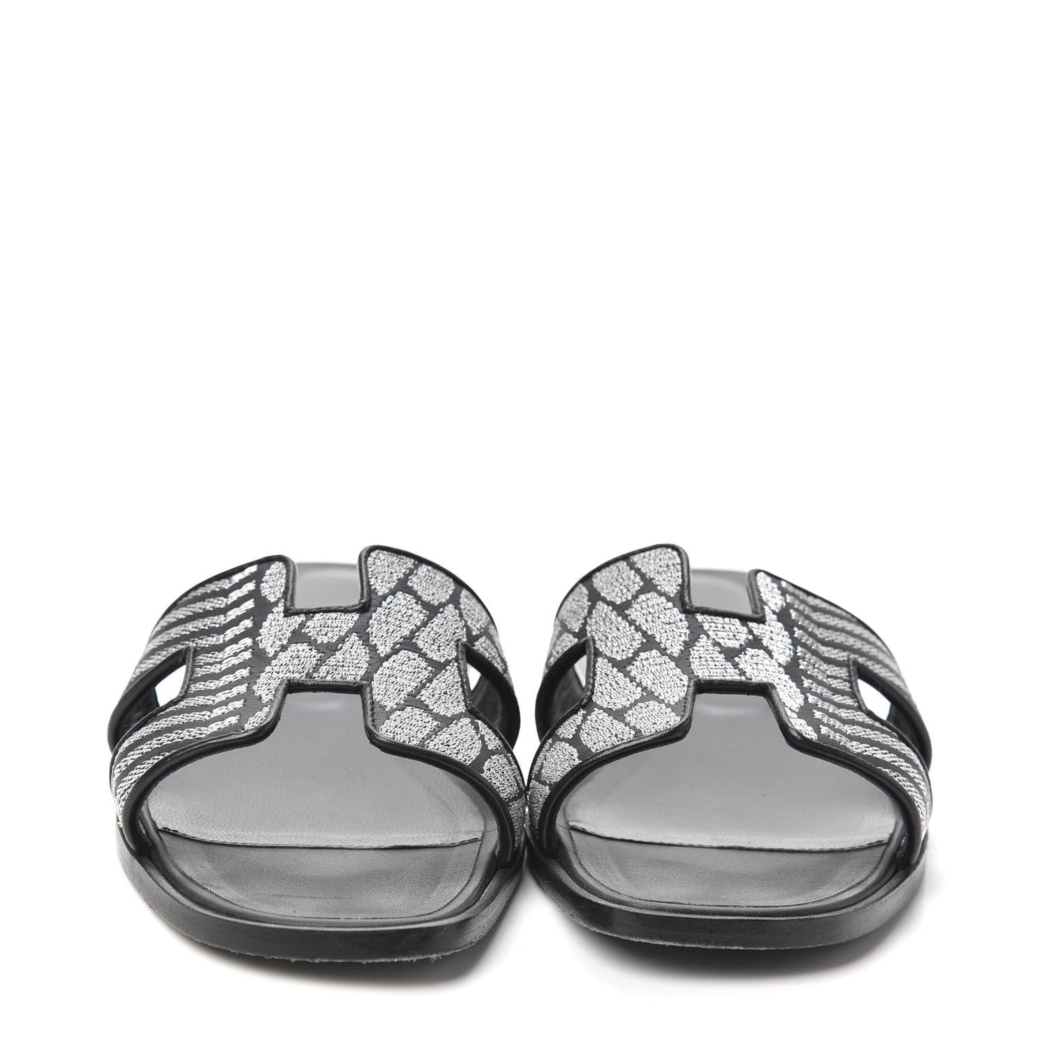 Hermes Calfskin Embroidered Oran Sandals 38 Black Gris Argente 2 of 7