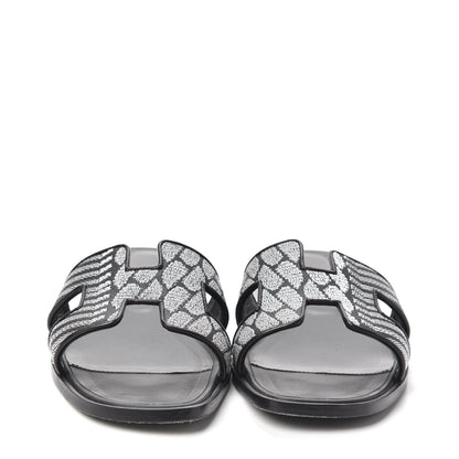 Hermes Calfskin Embroidered Oran Sandals 38 Black Gris Argente 2 of 7