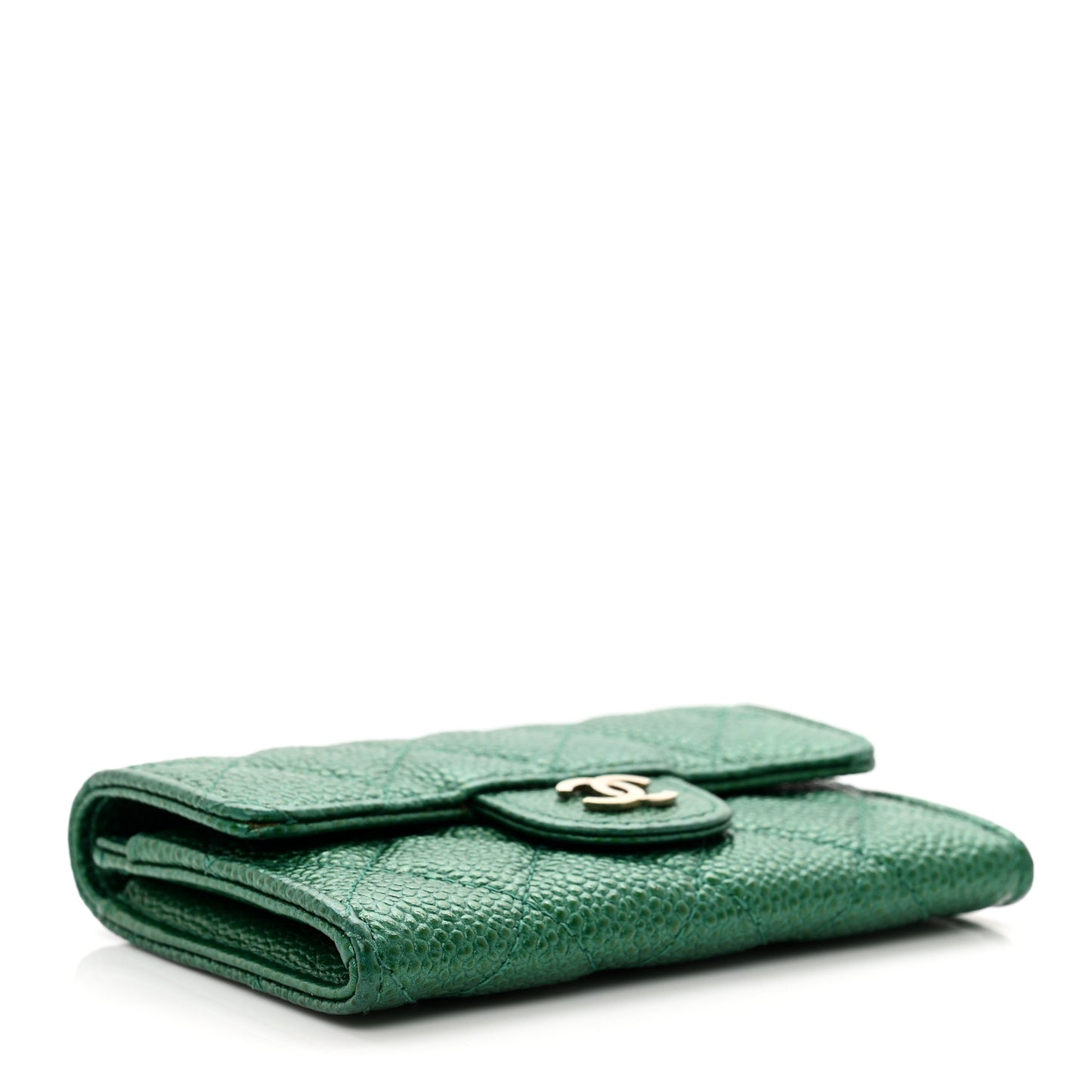 Metallic Caviar Quilted Flap Card Holder Wallet Green