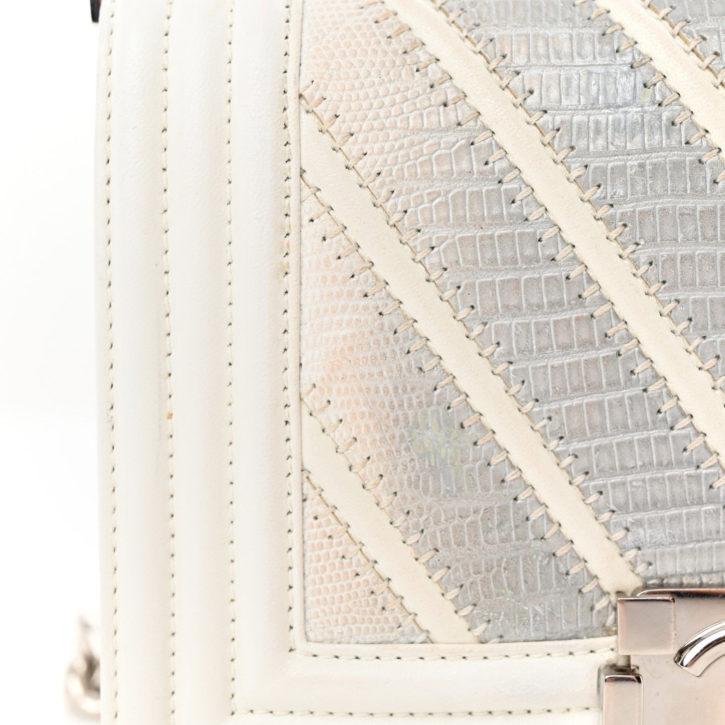 Lizard Chevron Stitched Small Boy Flap White Silver