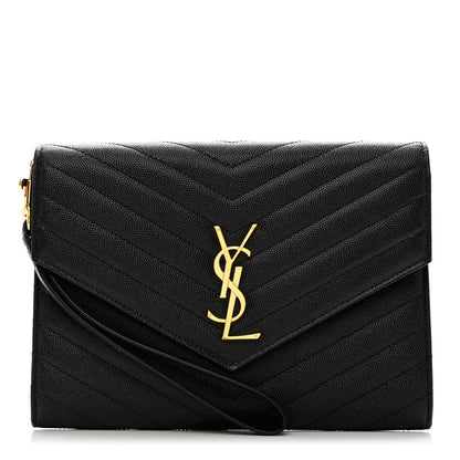 Saint Laurent Grain De Poudre Matelasse Chevron Monogram Envelope Clutch Black 1 of 6