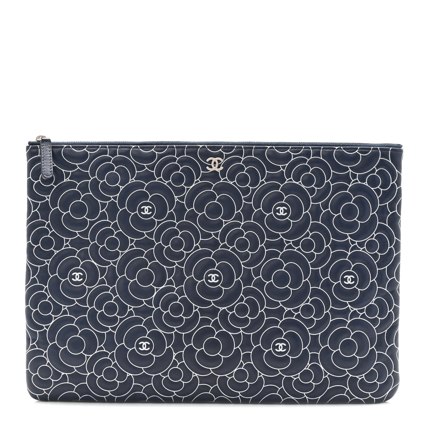 Lambskin Camellia Embossed Large Cosmetic Case Navy Silver