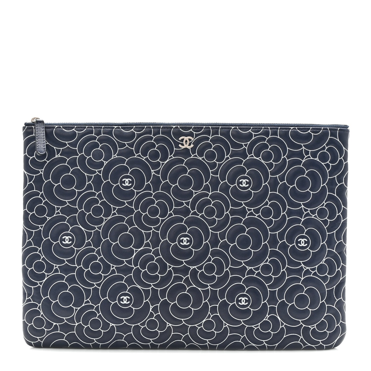 Chanel Lambskin Camellia Embossed Large Cosmetic Case Navy Silver 1 of 7