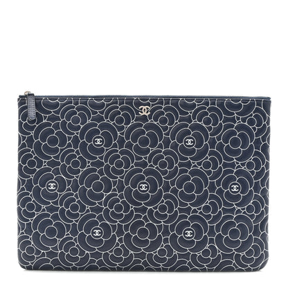 Chanel Lambskin Camellia Embossed Large Cosmetic Case Navy Silver 1 of 7