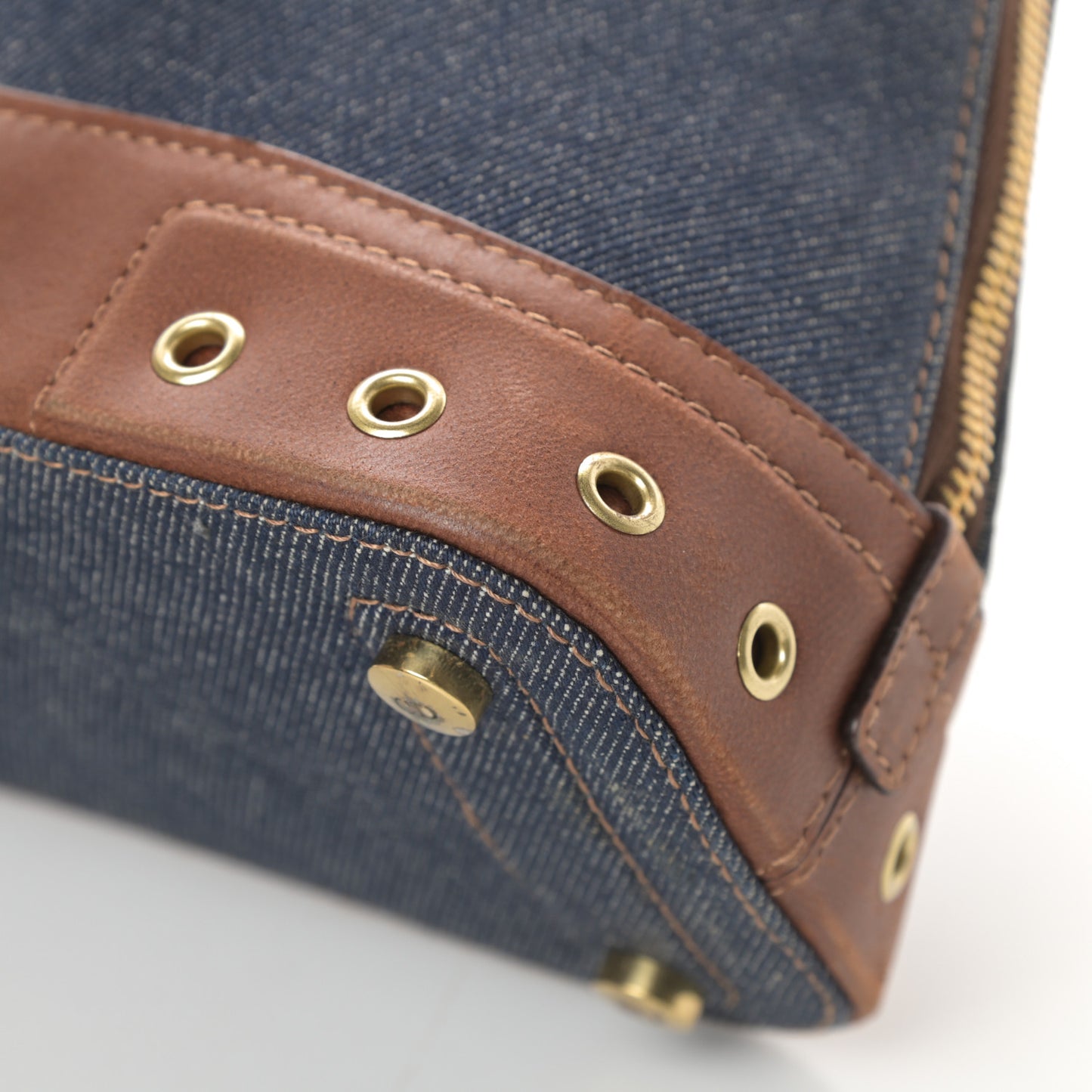 Denim Calfskin Street Chic Top Handle Bag Blue Brown
