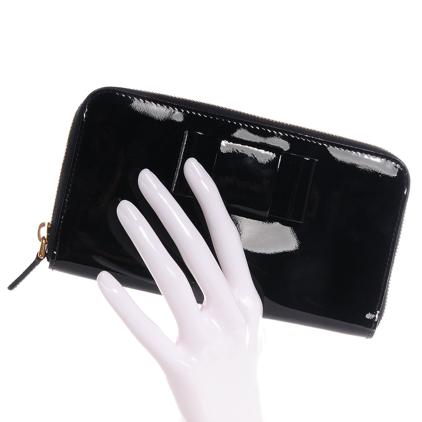 Patent Bow Zip Around Wallet Black