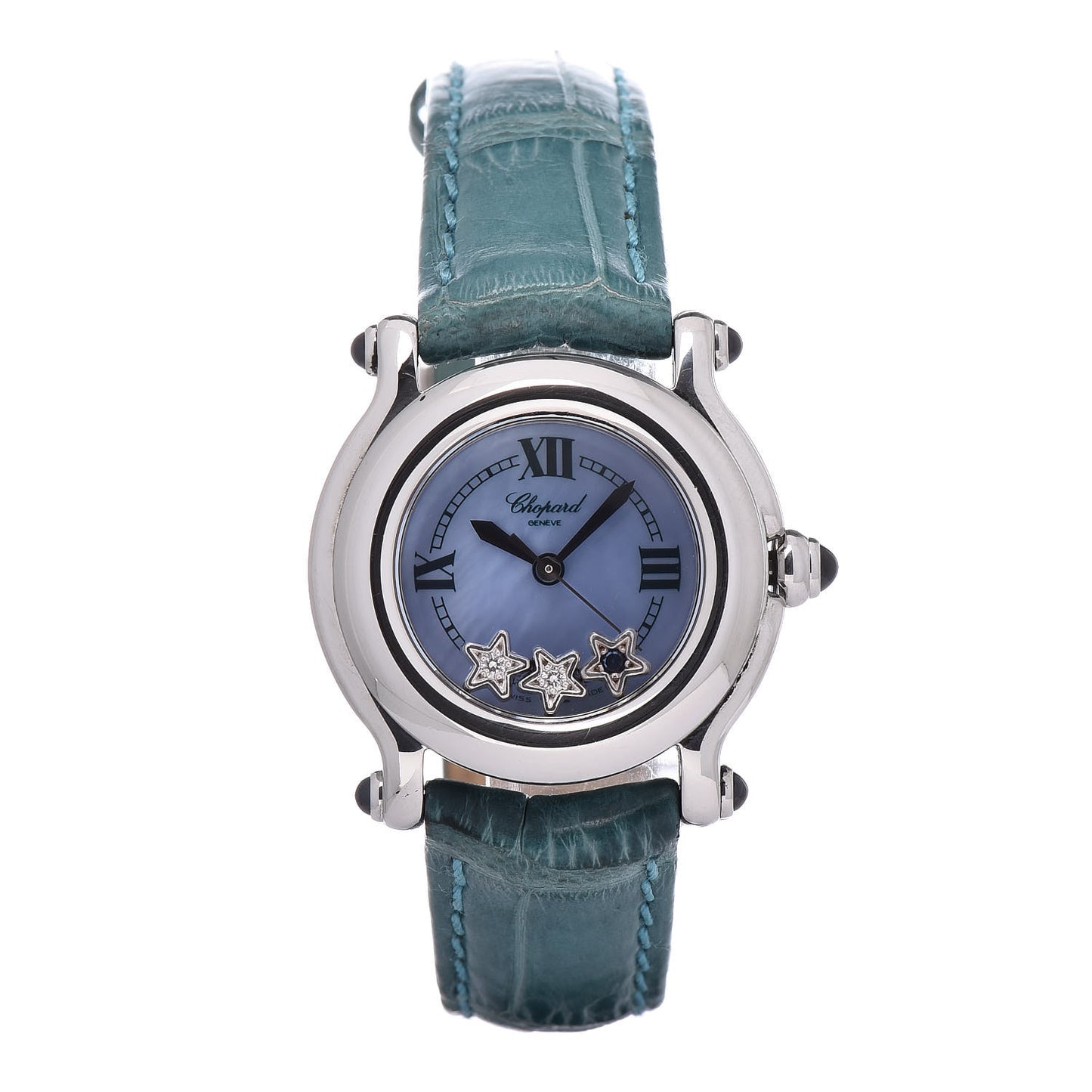 Stainless Steel Alligator Diamond Blue Sapphire Blue Mother of Pearl 26mm Happy Sport Star Quartz Watch