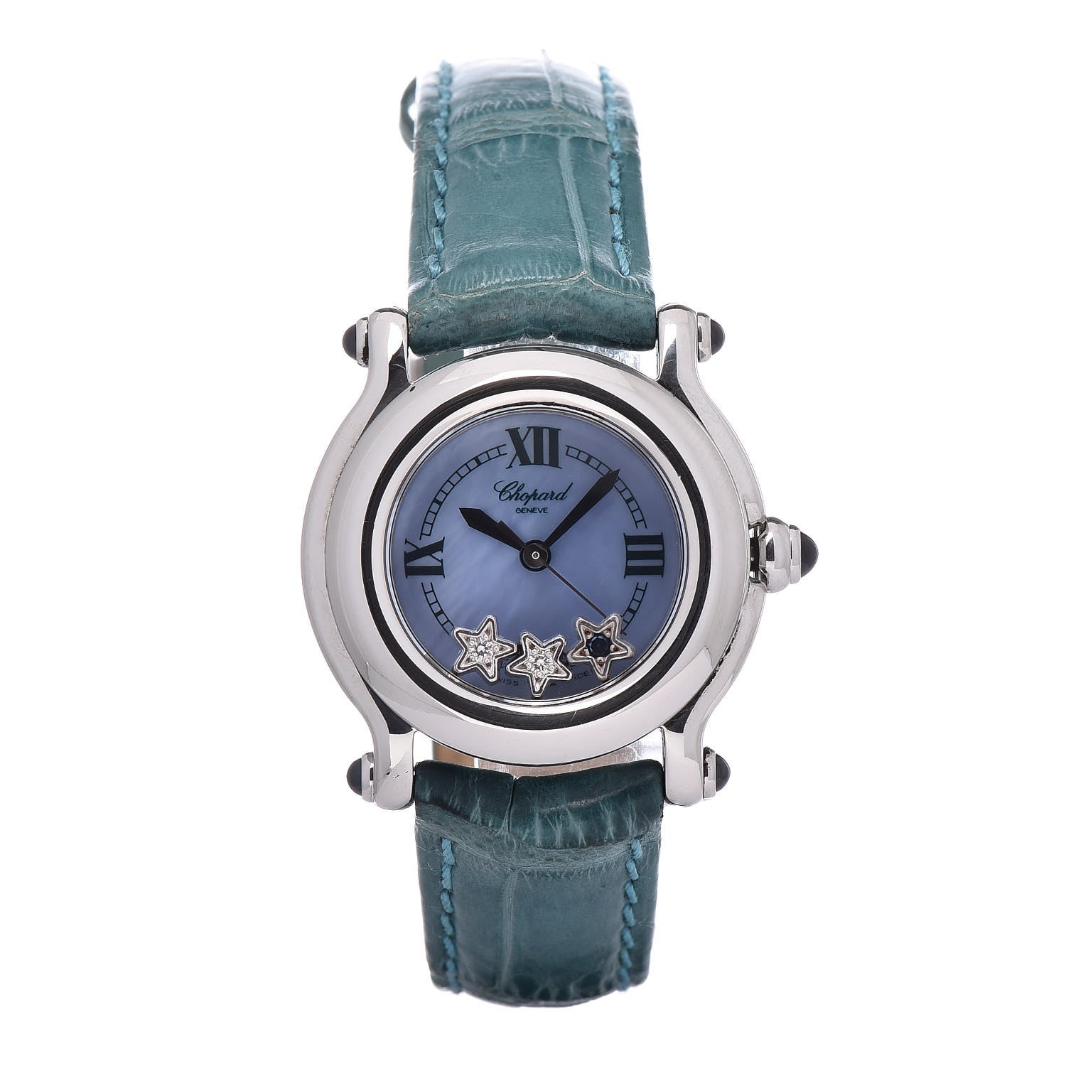 Chopard Stainless Steel Alligator Diamond Blue Sapphire Blue Mother of Pearl 26mm Happy Sport Star Quartz Watch 1 of 9