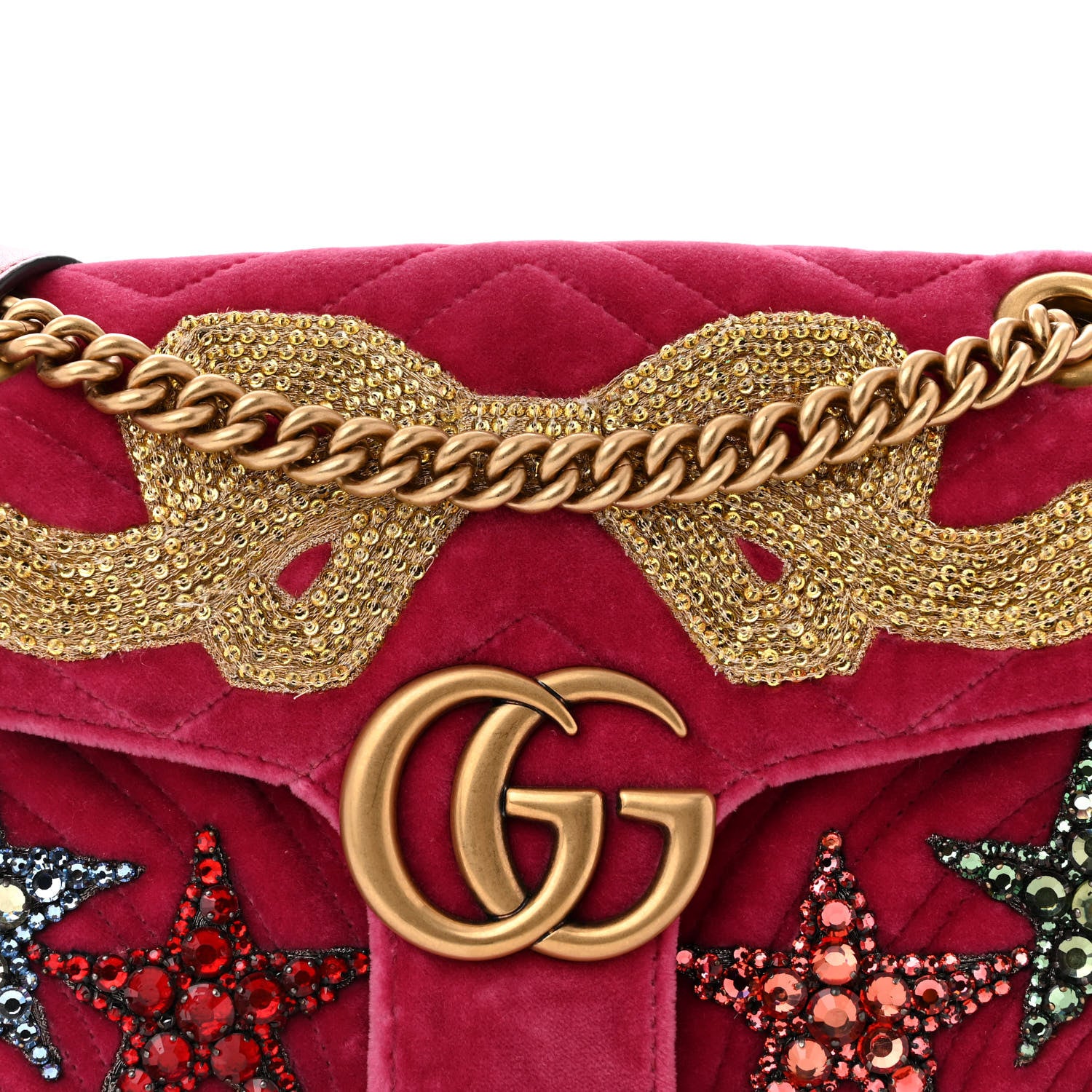 Gucci Velvet Matelasse Bow Embroidered Small GG Marmont Shoulder Bag Raspberry Rose 8 of 10