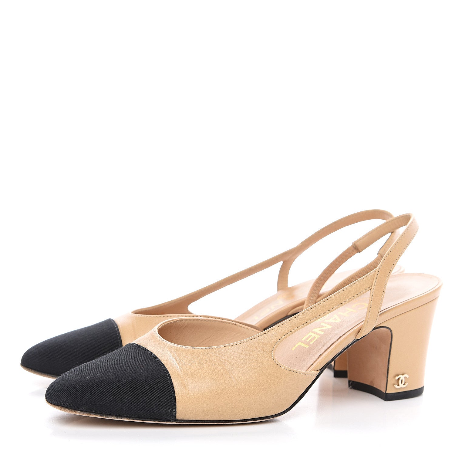 Chanel Goatskin Grosgrain Cap Toe CC Slingback Pumps 38 Beige Black 3 of 9