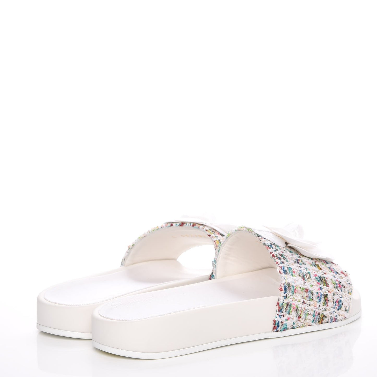 Tweed Grosgrain Camellia Mule Sandal 35 Ecru Green Ivory