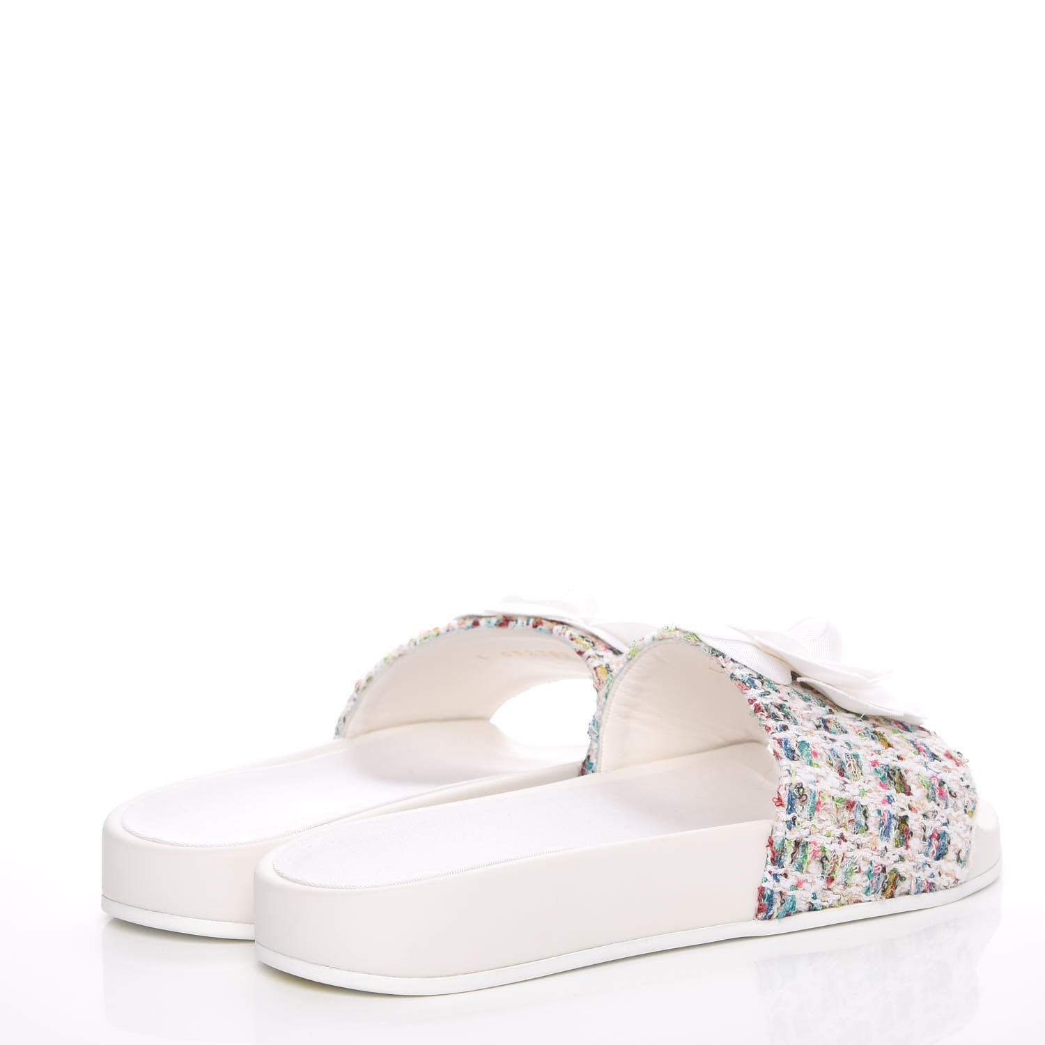 Chanel Tweed Grosgrain Camellia Mule Sandal 35 Ecru Green Ivory 4 of 10