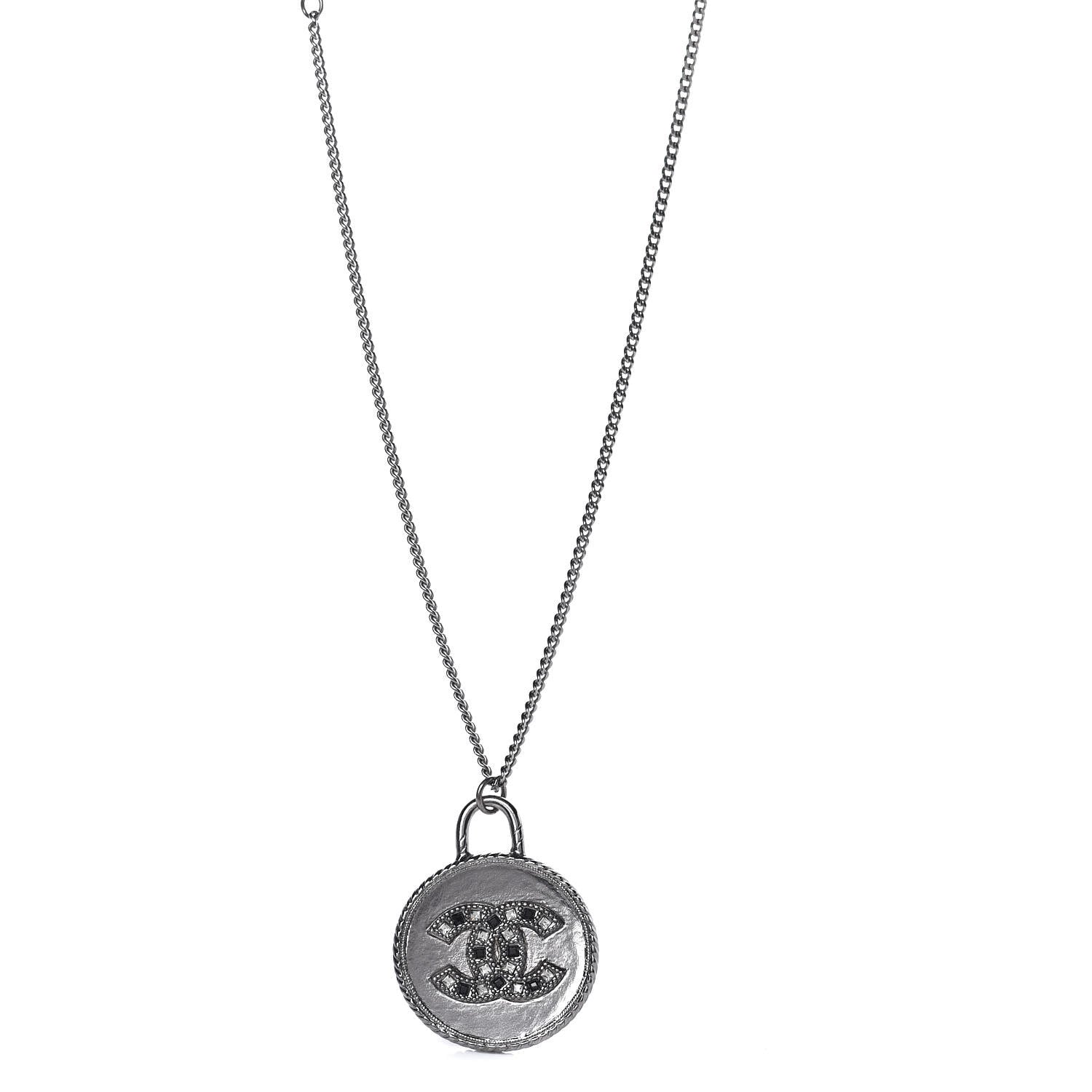 Chanel Crystal CC Medallion Necklace Ruthenium Black 1 of 9