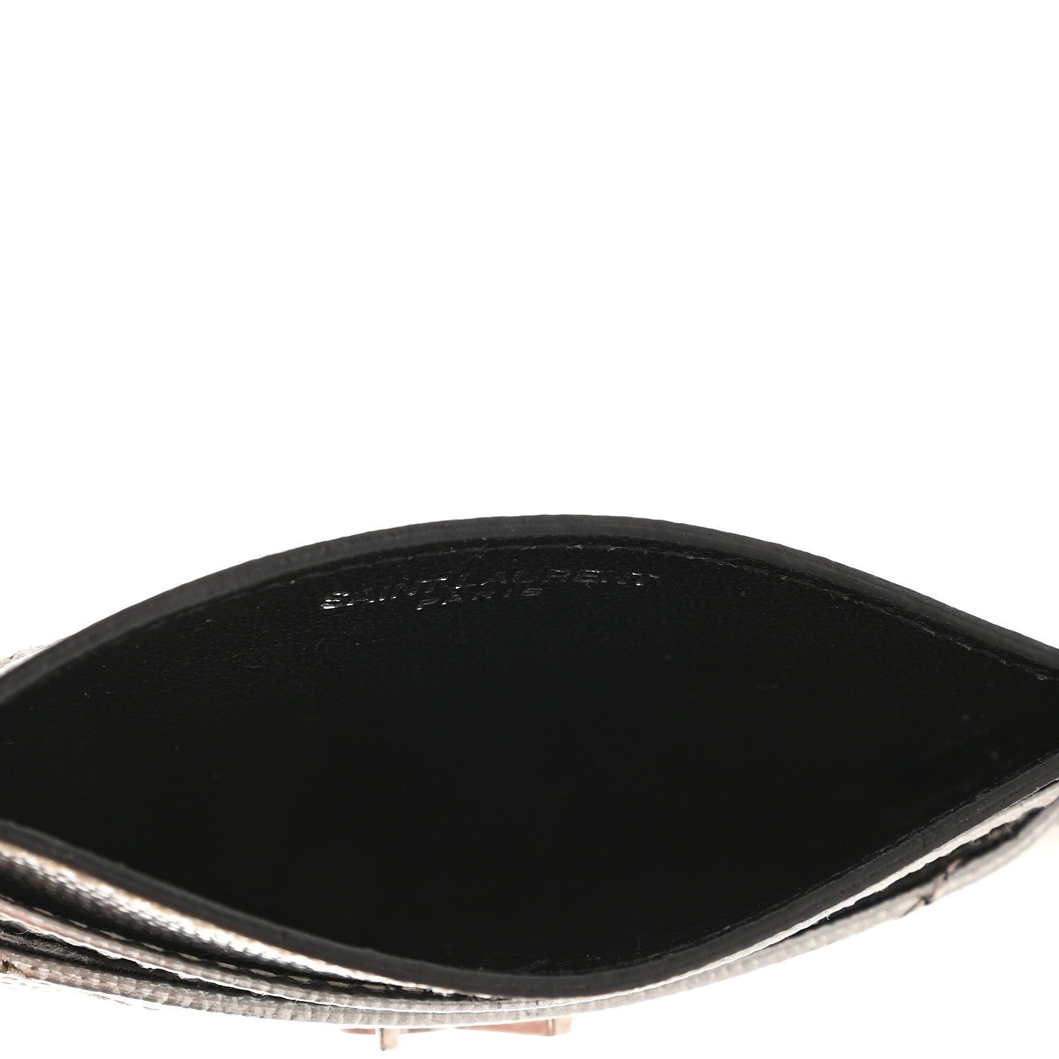 Saint Laurent Metallic Grain De Poudre Matelasse Chevron Monogram Credit Card Case Argento 5 of 7
