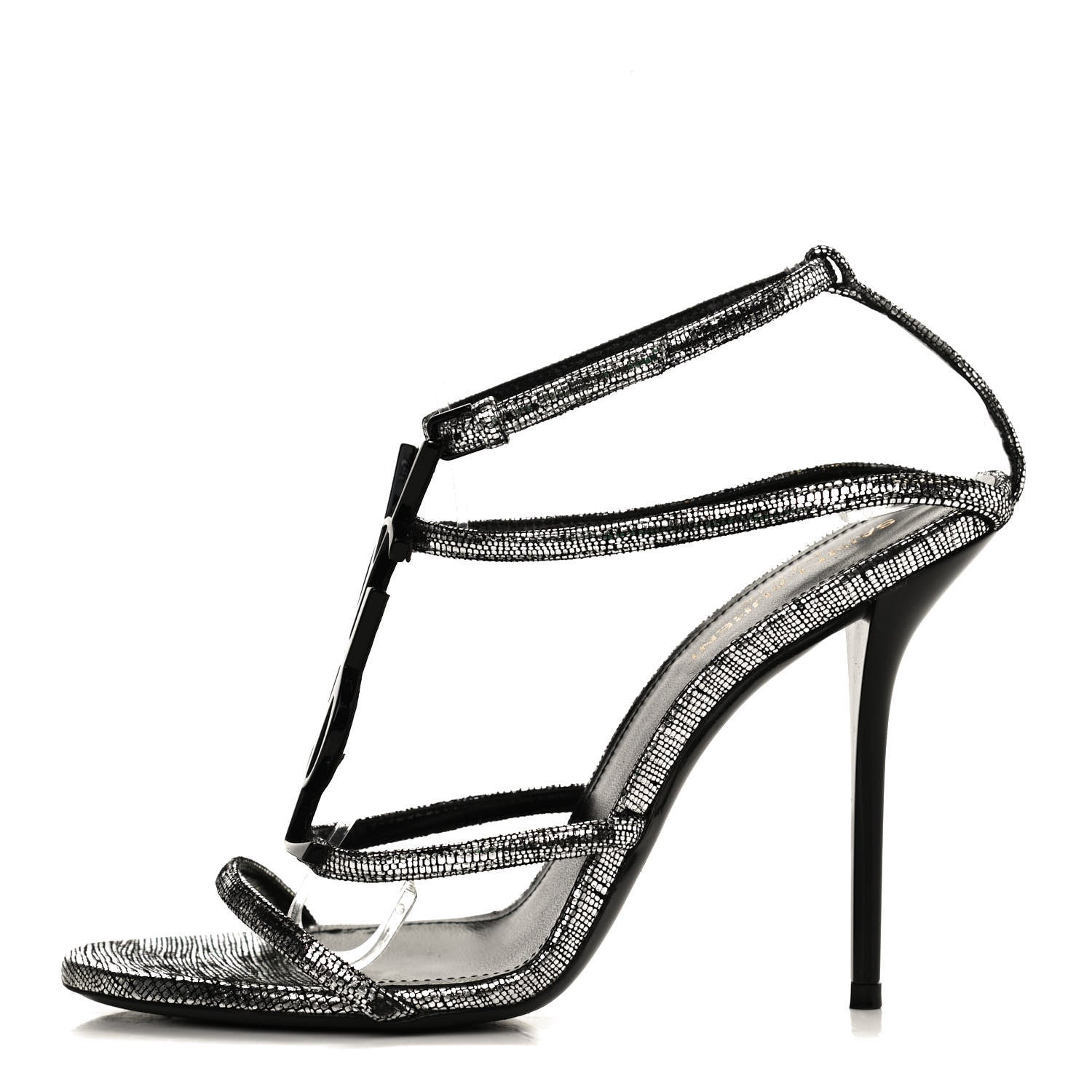 Saint Laurent Metallic Calfskin Cassandra 110 Ankle Strap Sandals 38.5 Argento 1 of 11